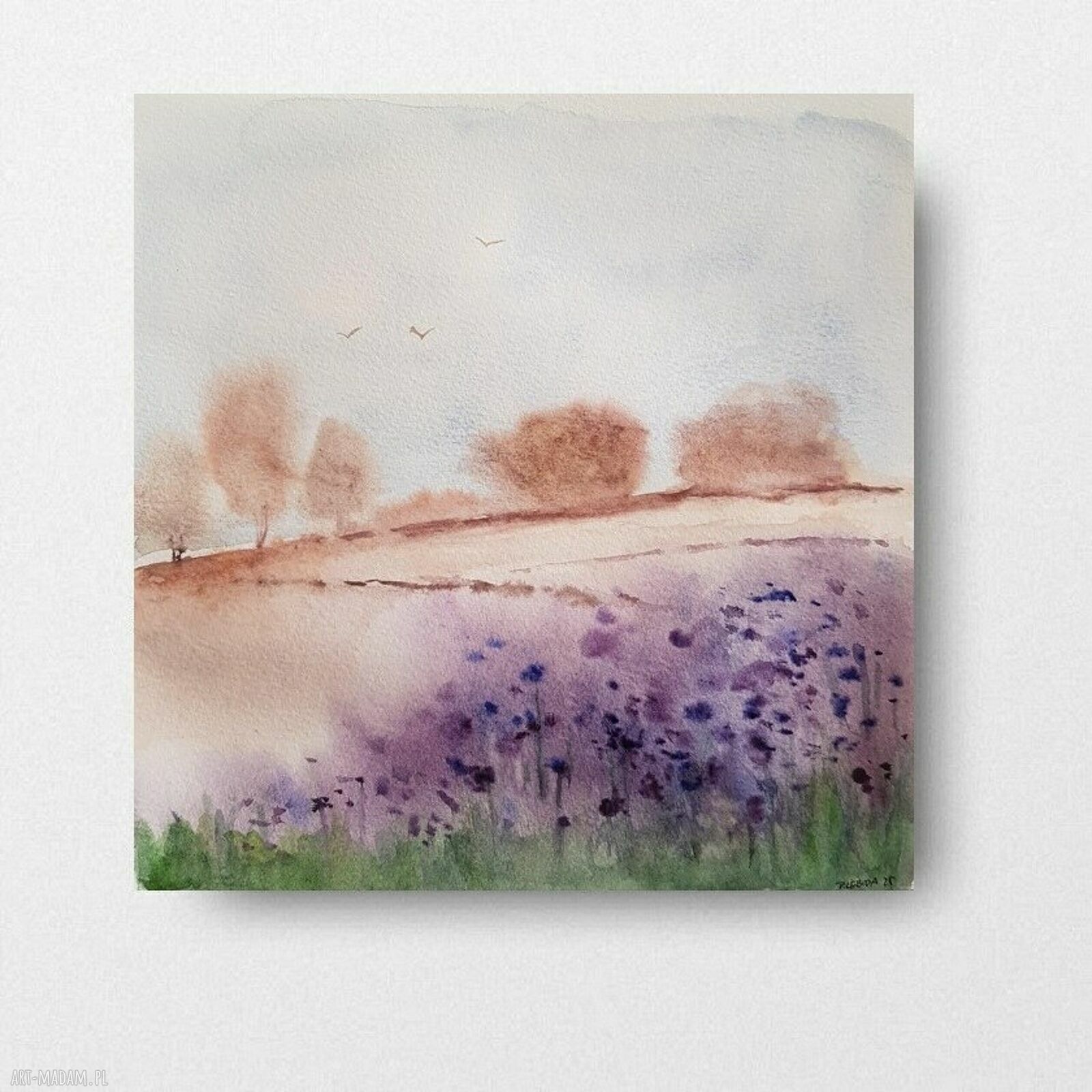 Oryginalny pejzaż w akwareli 25x25 cm z kwiatami (bez ramy)