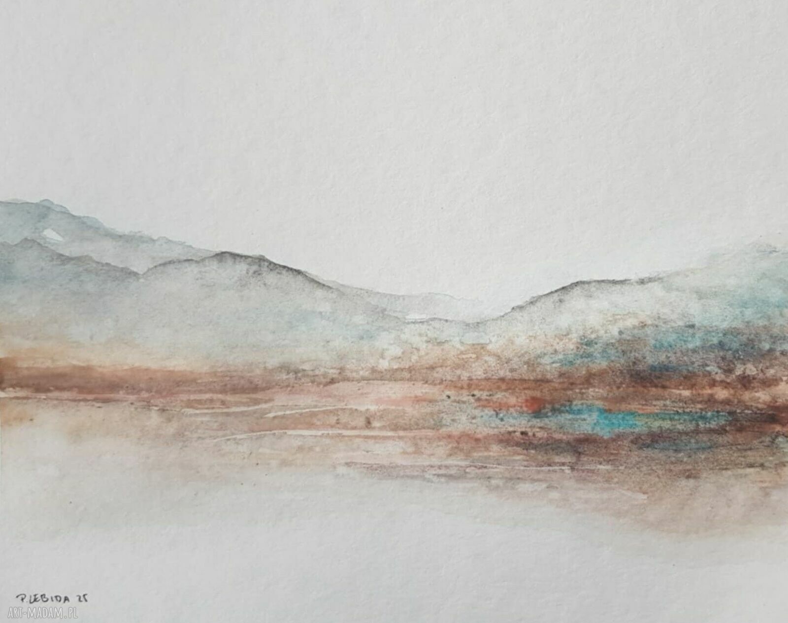 Oryginalna akwarela pejzaż 18x24 cm w odcieniach turkusu, brązu i szarości - bez oprawy