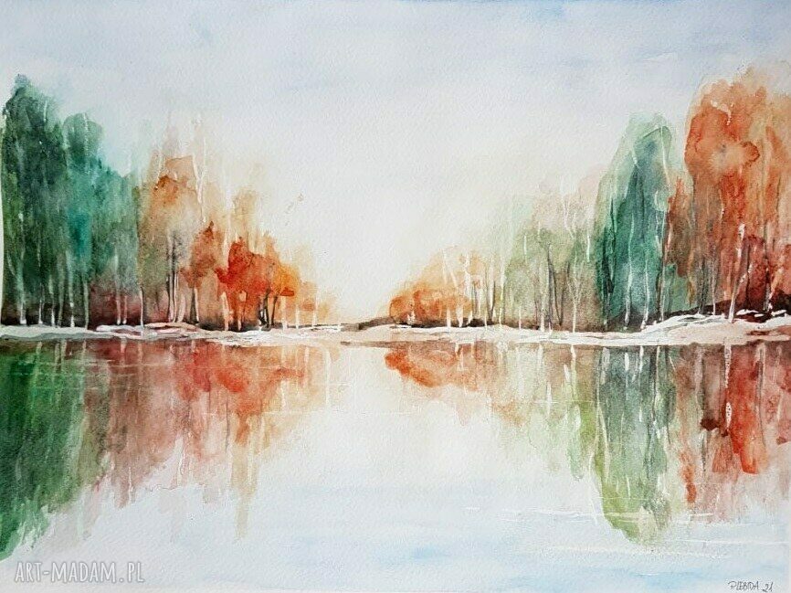 Pejzaż Jesienny II - akwarela 40x30 cm: drzewa w jesiennych barwach