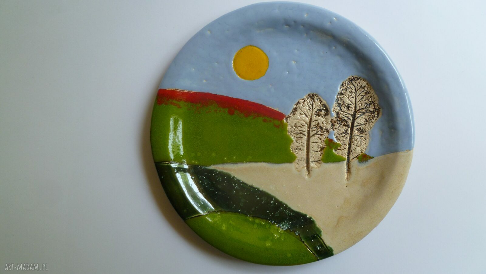 Pejzaż letni - talerz ceramiczny rękodzieło z gliny szamotowej