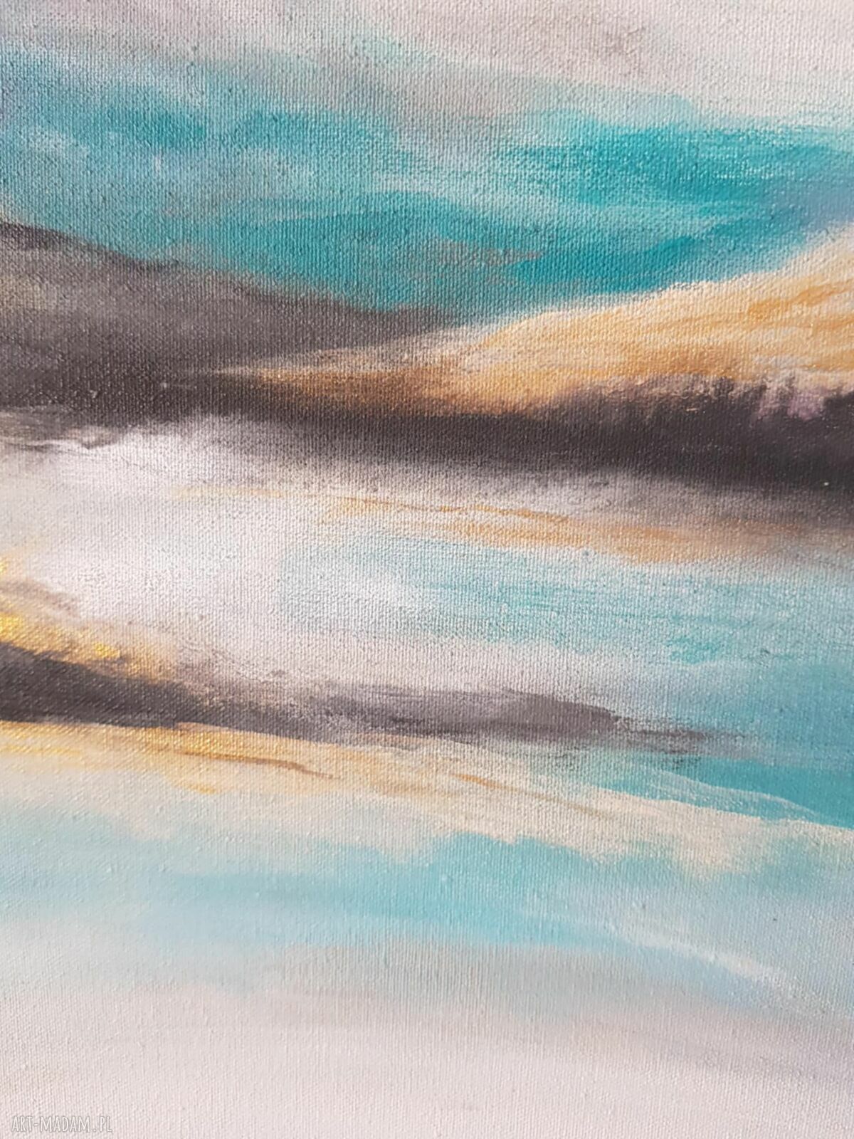 Pejzaż akrylowy 30x20 cm - turkus, biel i złote akcenty