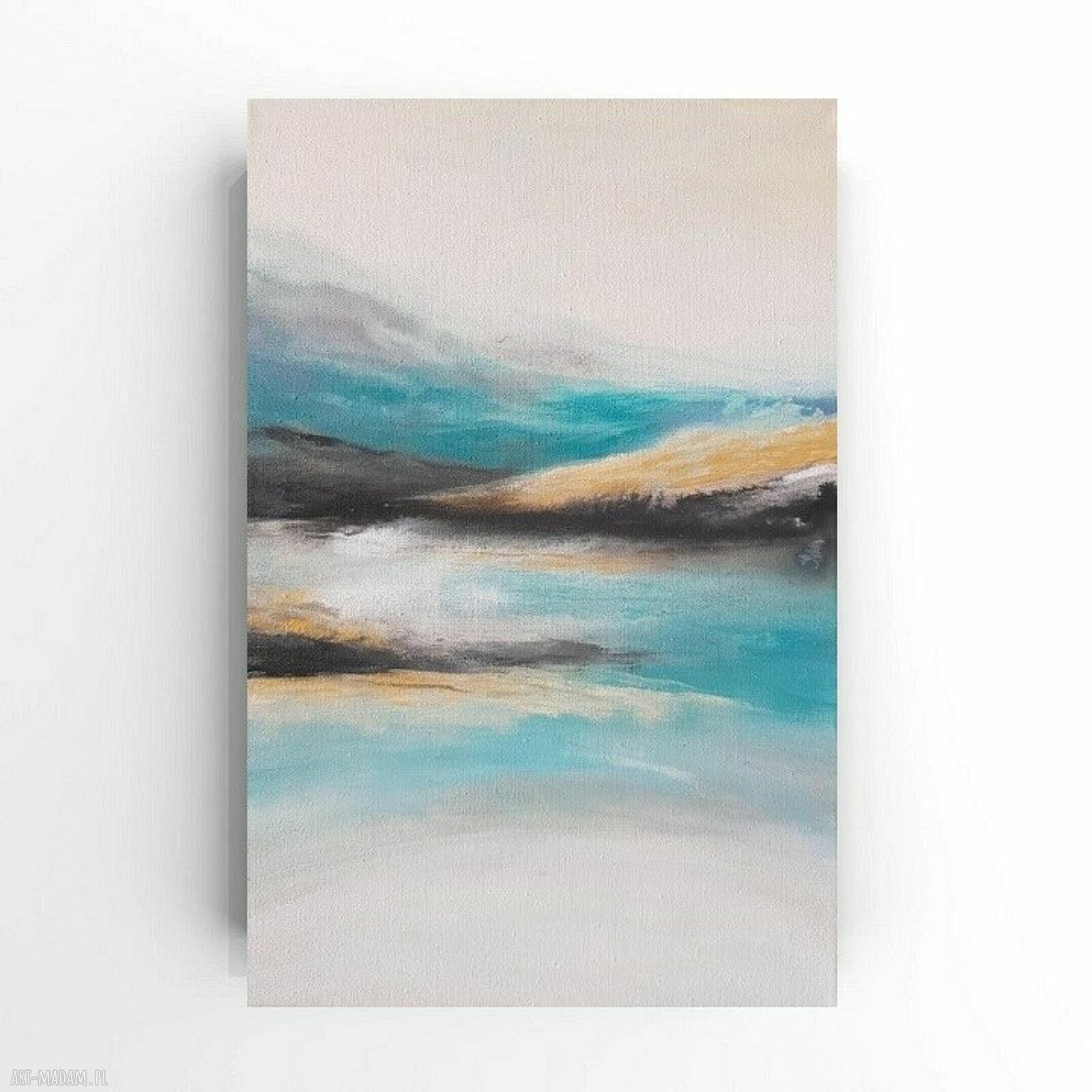 Pejzaż akrylowy 30x20 cm - turkus, biel i złote akcenty