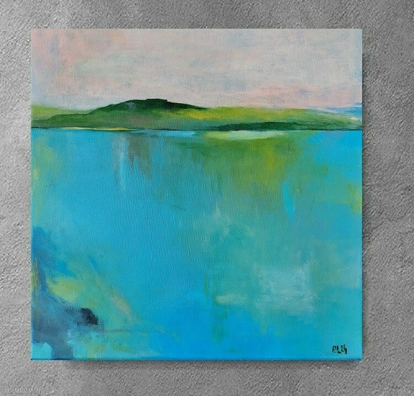 Pejzaż nad jeziorem - niebiesko-zielony obraz akrylowy 40x40 cm