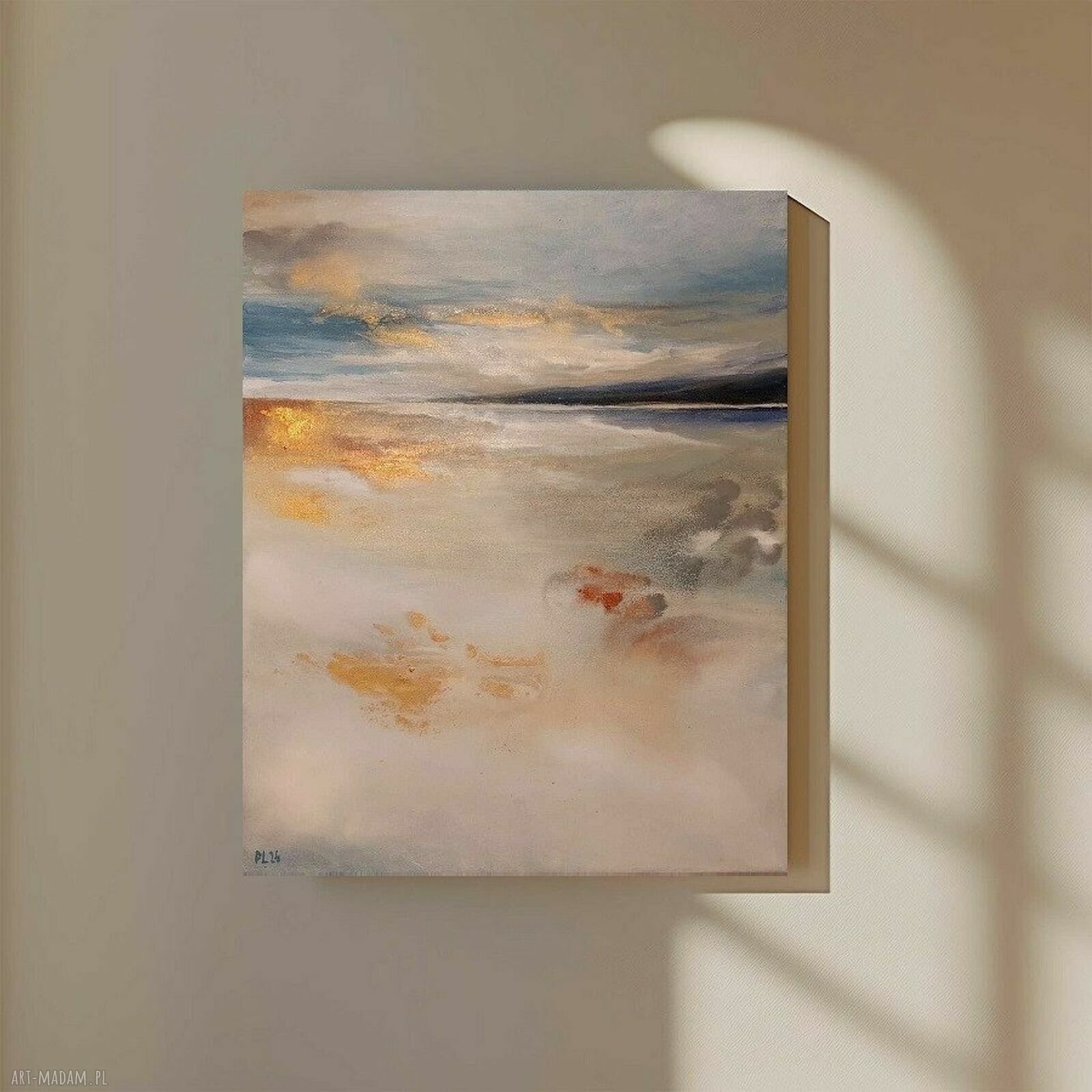 Pejzaż - autorski obraz akrylowy 50x40 cm złoto, niebiesko, biel
