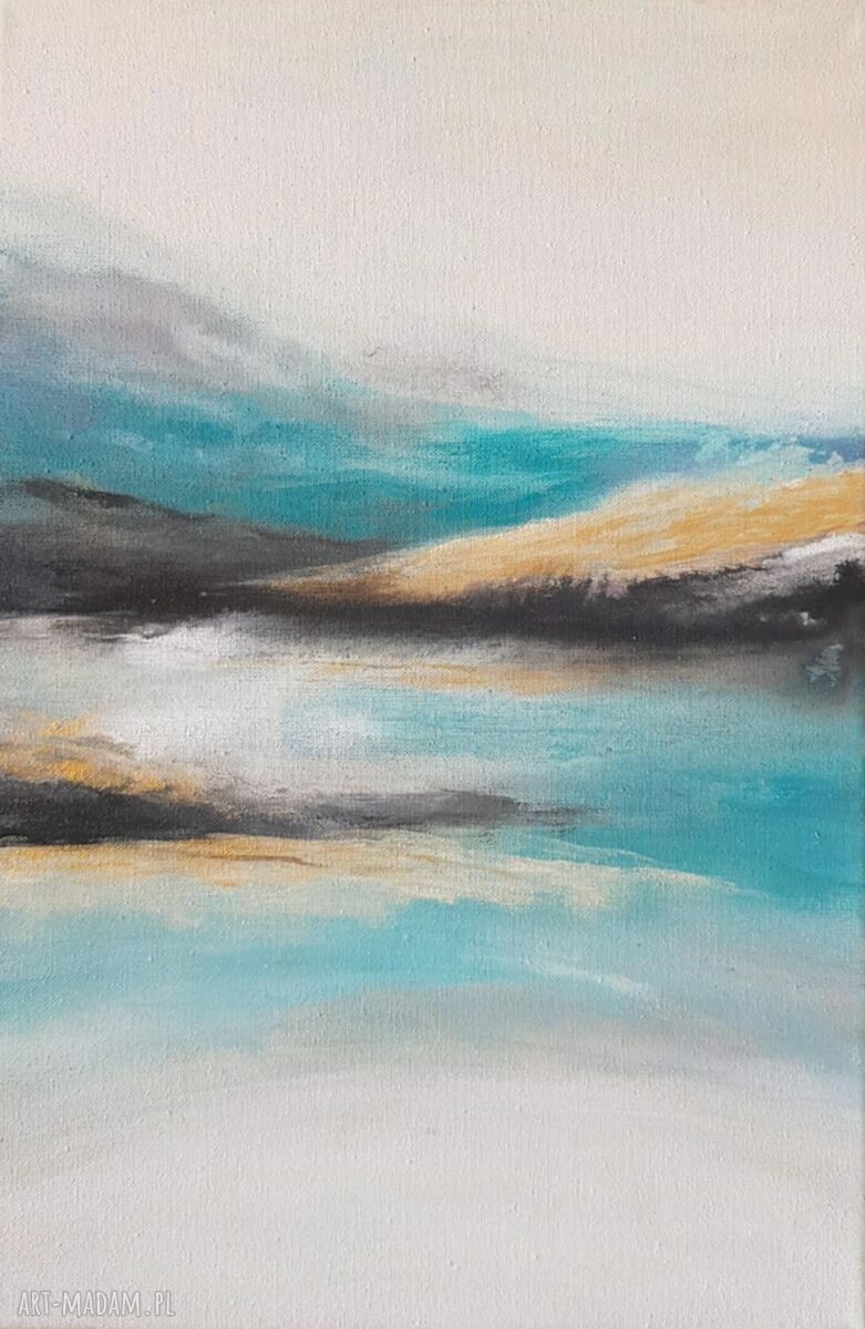 Pejzaż akrylowy 30x20 cm - turkus, biel i złote akcenty