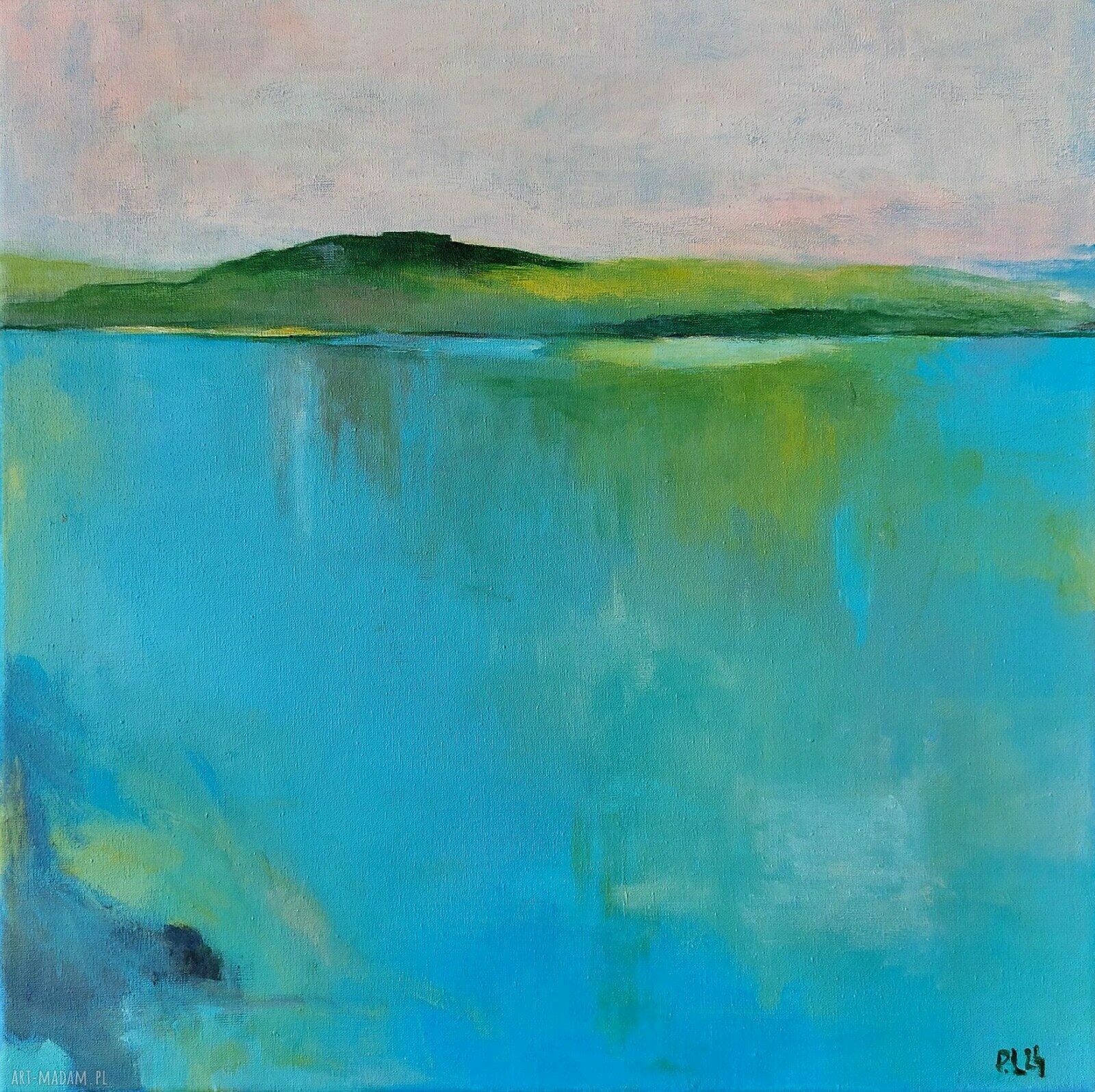 Pejzaż nad jeziorem - niebiesko-zielony obraz akrylowy 40x40 cm