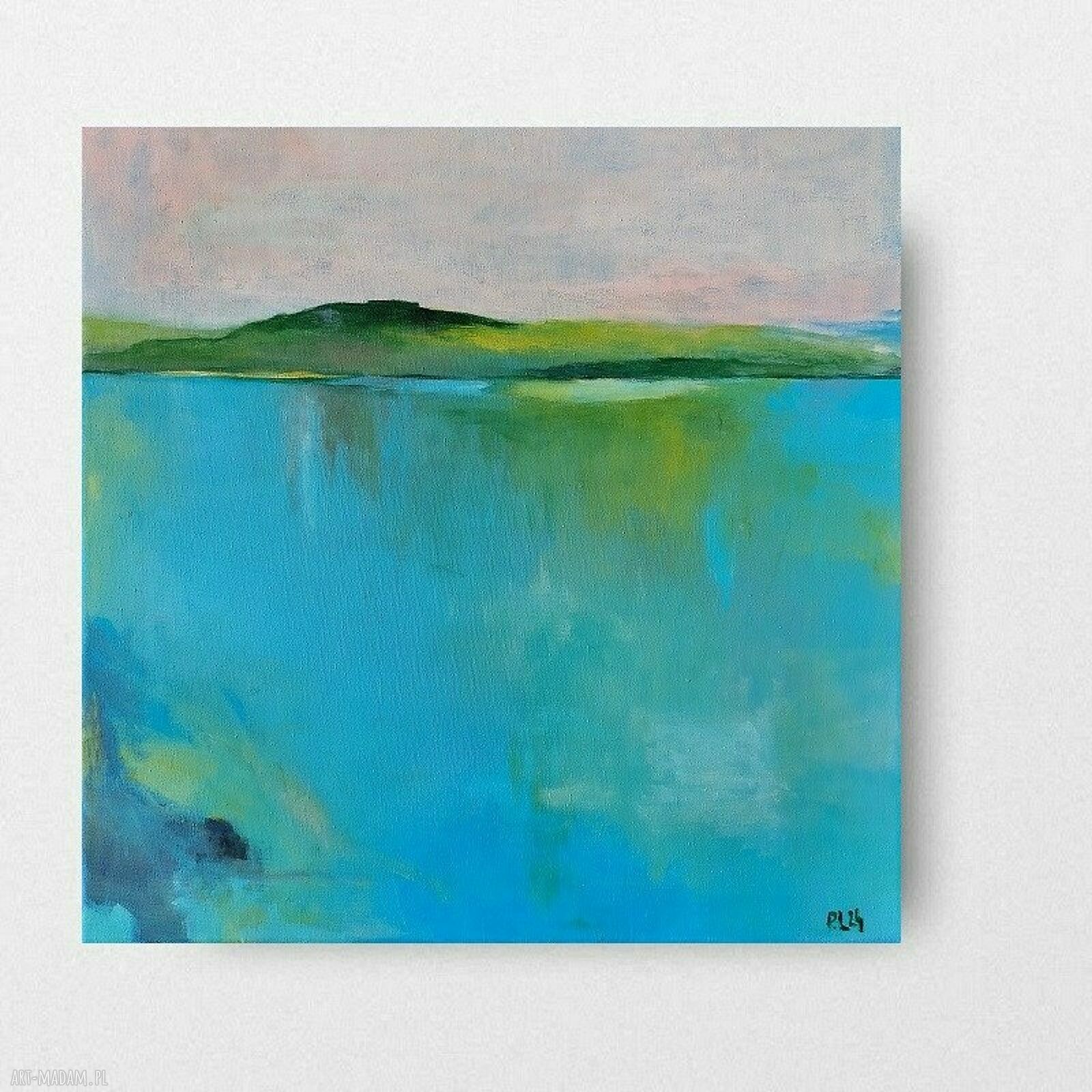 Pejzaż nad jeziorem - niebiesko-zielony obraz akrylowy 40x40 cm