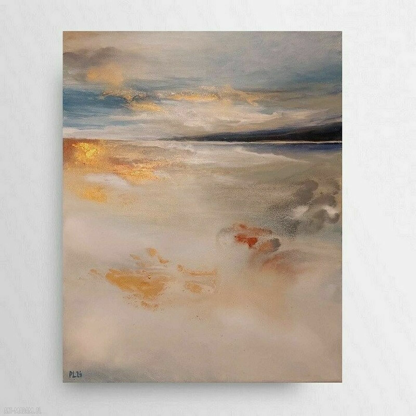 Pejzaż - autorski obraz akrylowy 50x40 cm (złoto, niebiesko, biel)