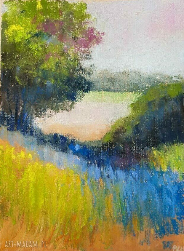 Pejzaż wykonany pastelami suchymi - praca na papierze 18x24 cm