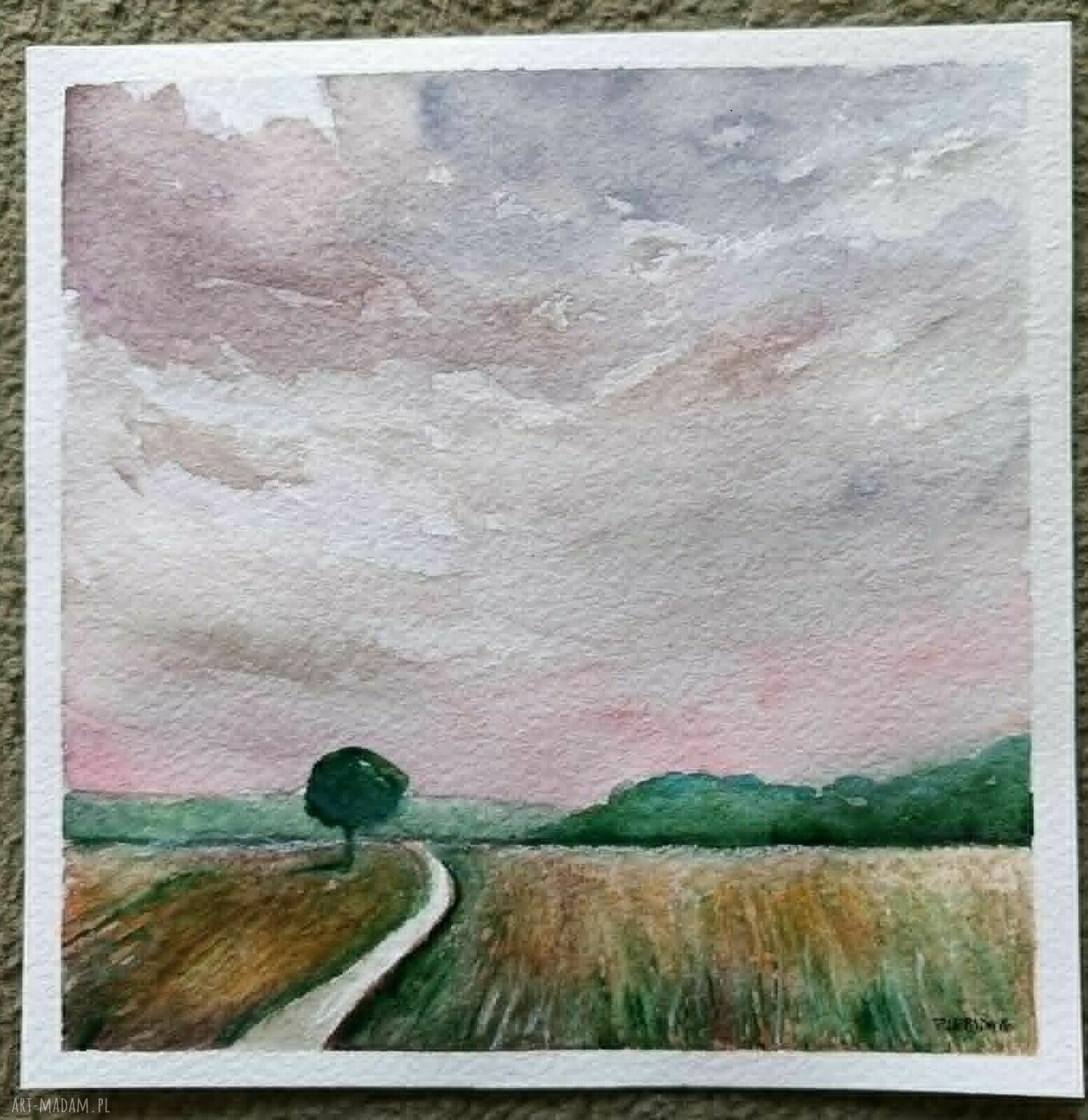 Oryginalny pejzaż - akwarela 20x20 cm w kwadracie (sygnowana)