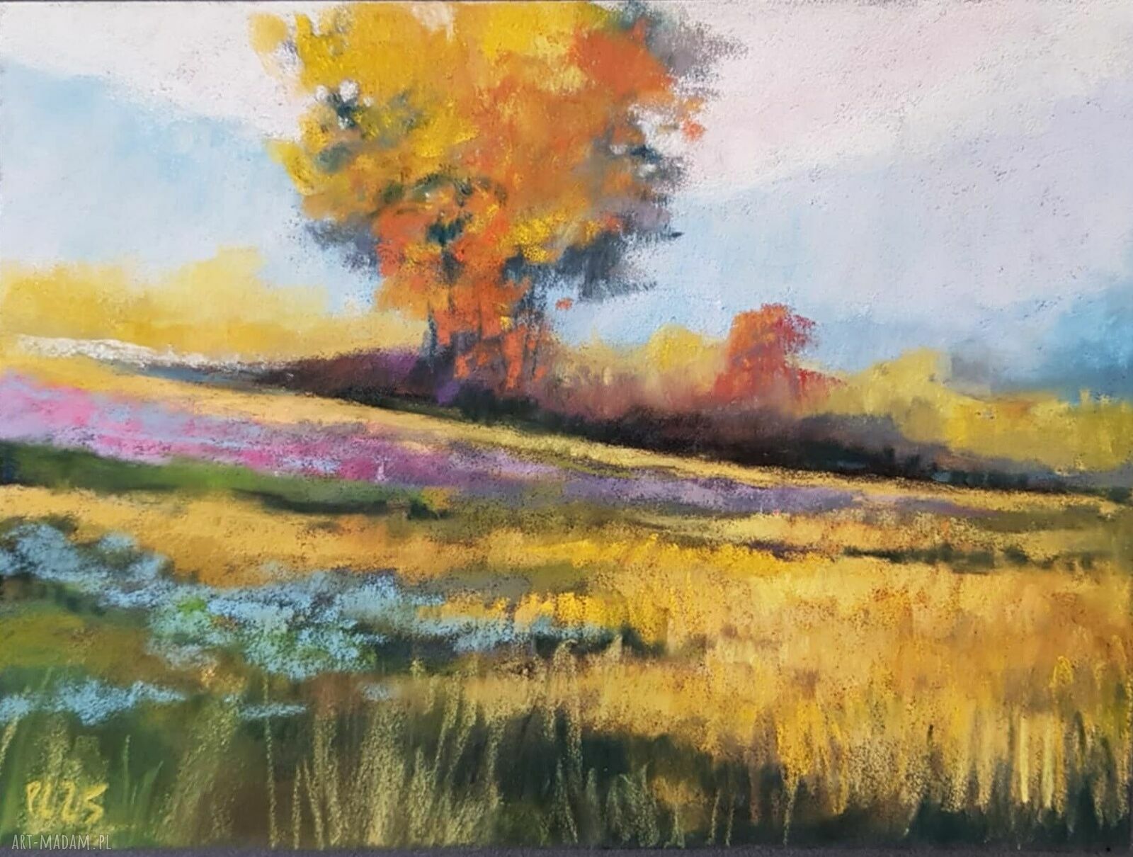 Pejzaż pastelami suchymi - rysunek drzew 18x24 cm
