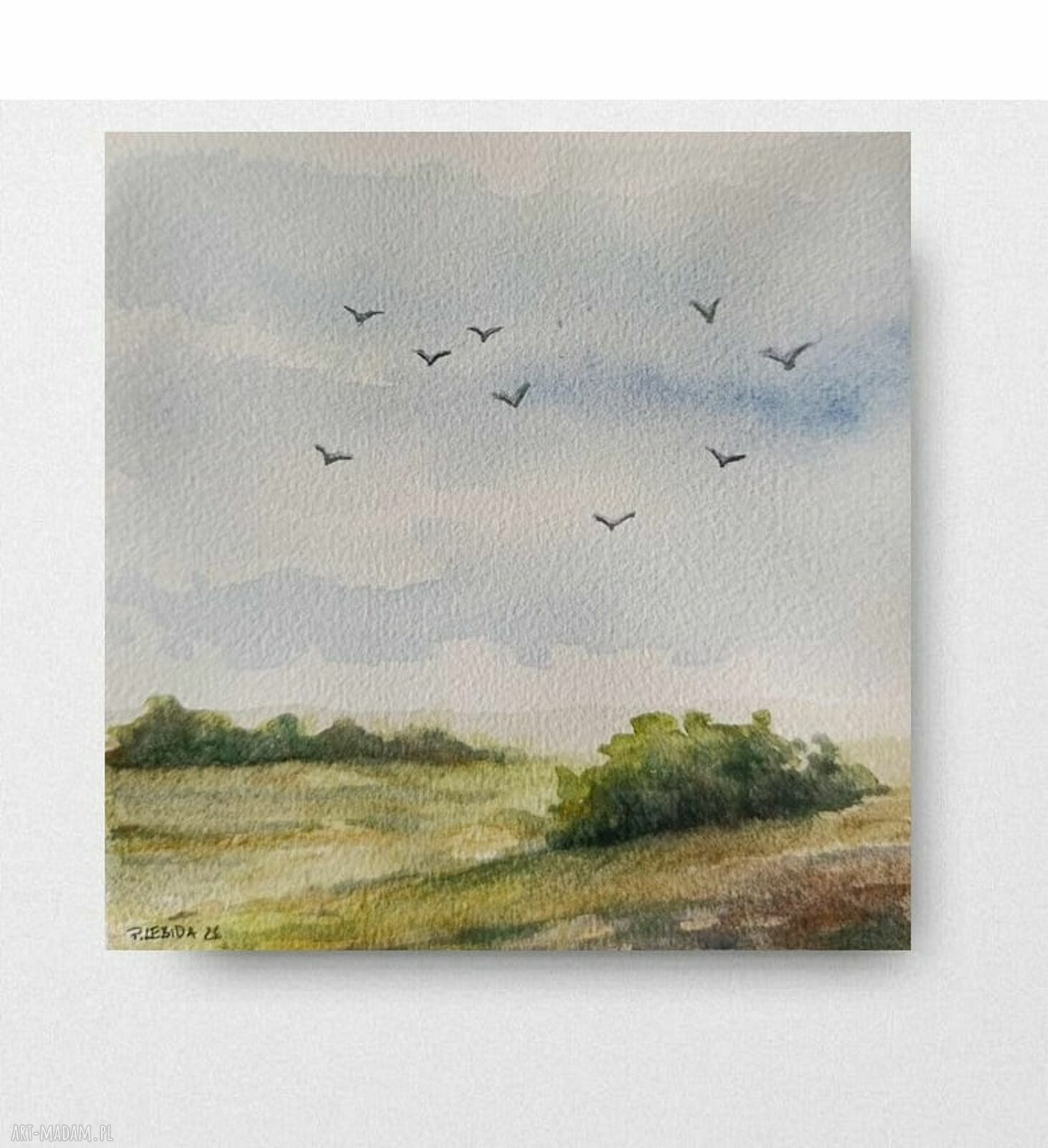 Pejzaż w akwareli 15x15 cm - sygnowany obraz, bez ramy