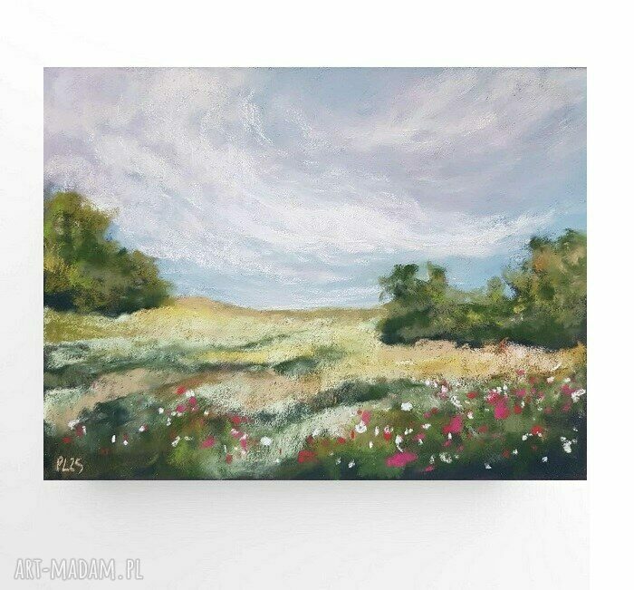 Pejzaż w pastelach suchych 18x24 cm - zielone, różowe i niebieskie akcenty natury
