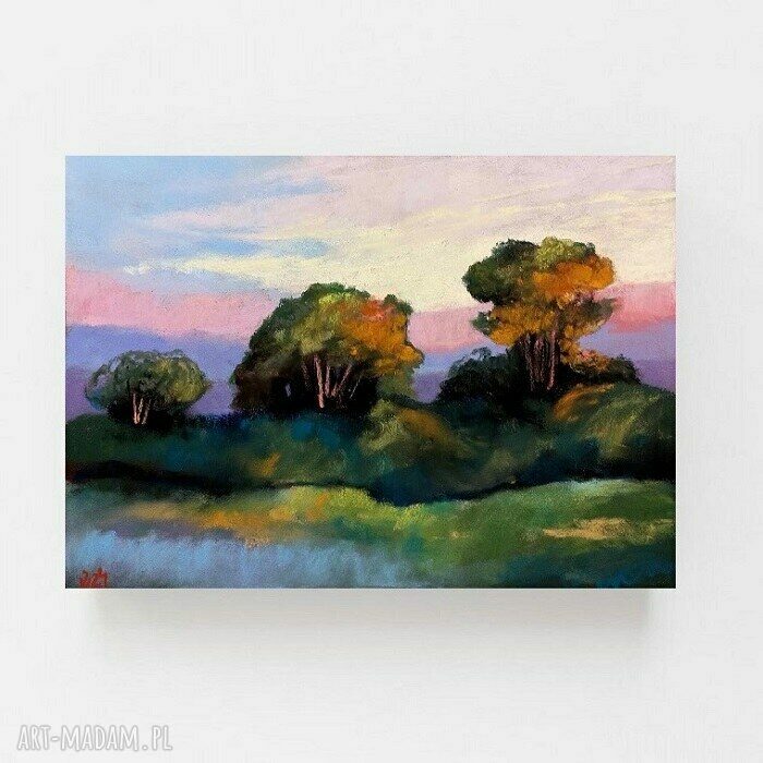 Pejzaż w pastelach suchych 18x24 cm - zielone, żółte i brązowe tony