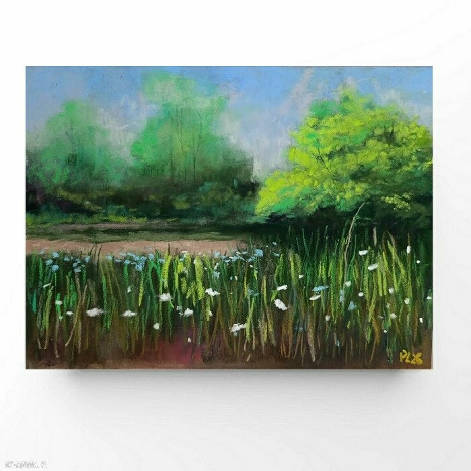 Pejzaż 18x24 cm - pastele suche z drzewami i łąką