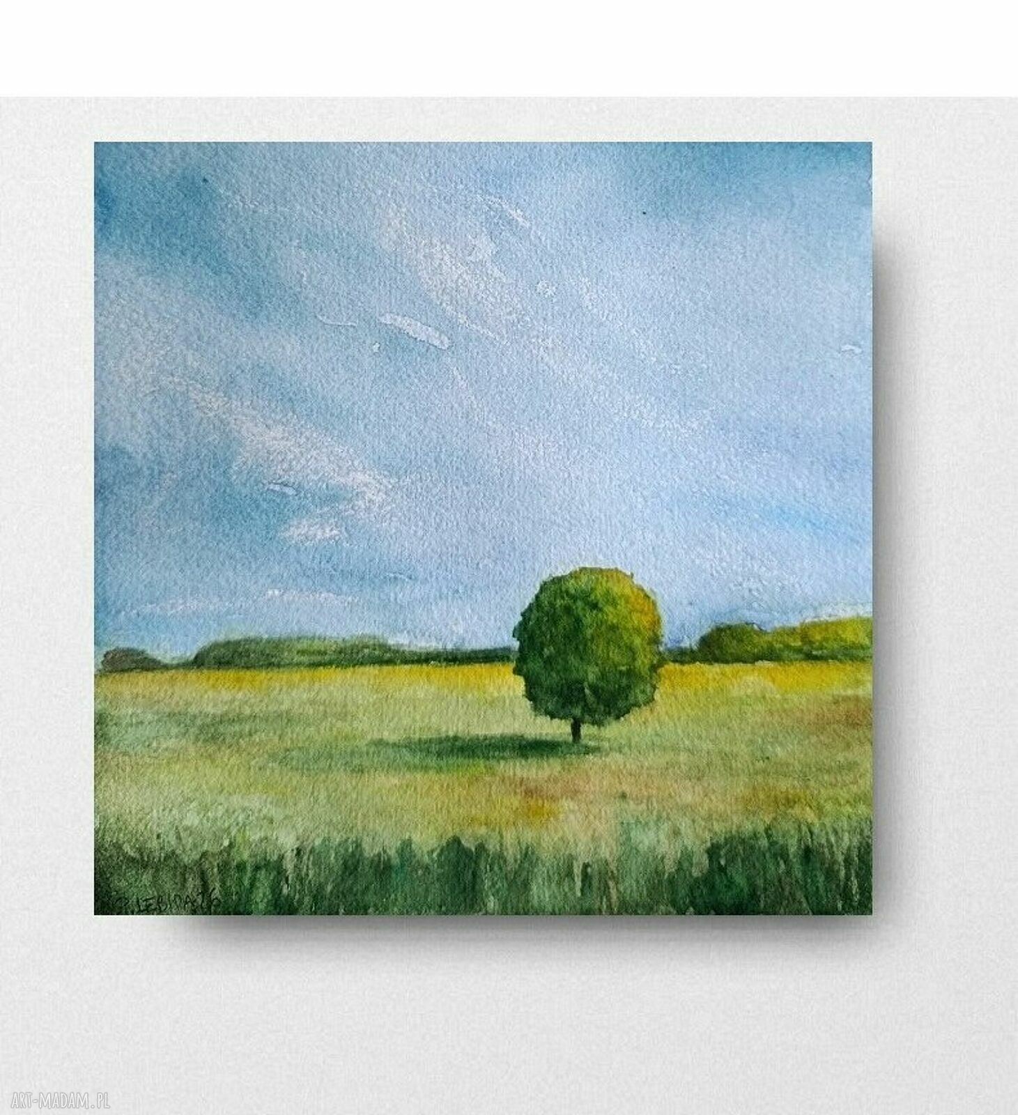 Pejzaż - akwarela 20x20 cm kwadrat, sygnowana - bez ramy