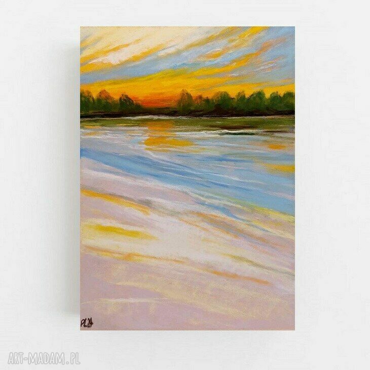 Pejzaż w odcieniach żółci, zieleni i błękitu - obraz 24x18 cm z suchych pasteli