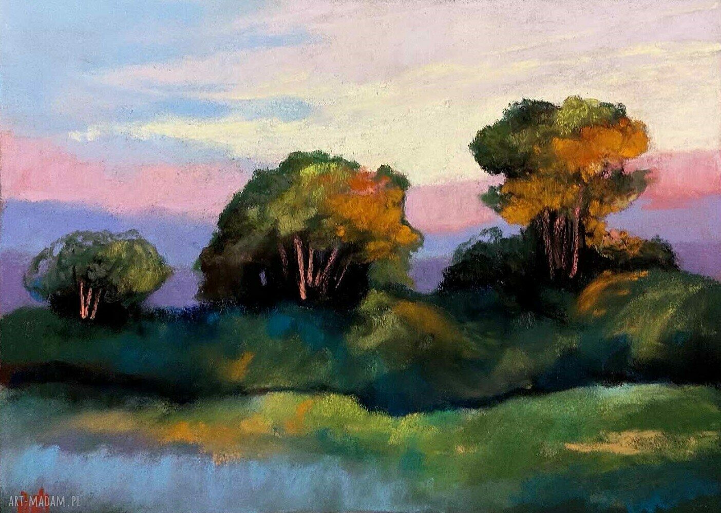 Pejzaż w pastelach suchych 18x24 cm - zielone, żółte i brązowe tony