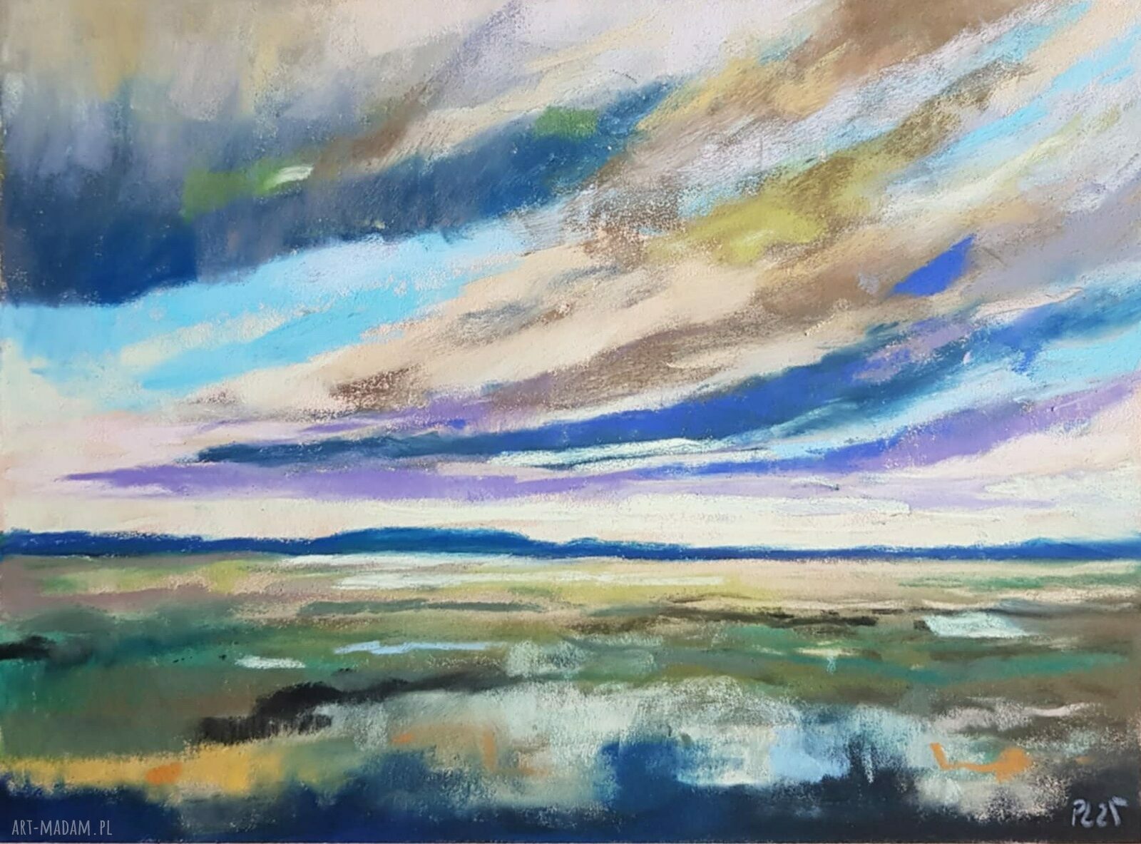 Pejzaż 18x24 cm - rysunek pastelami suchymi w kolorach fioletu, niebieskiego i zieleni