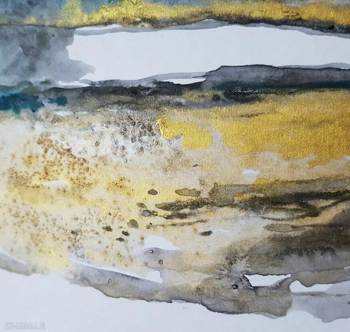 Pejzaż czarny i złoty tusz - ręcznie wykonany obraz 32x24 cm
