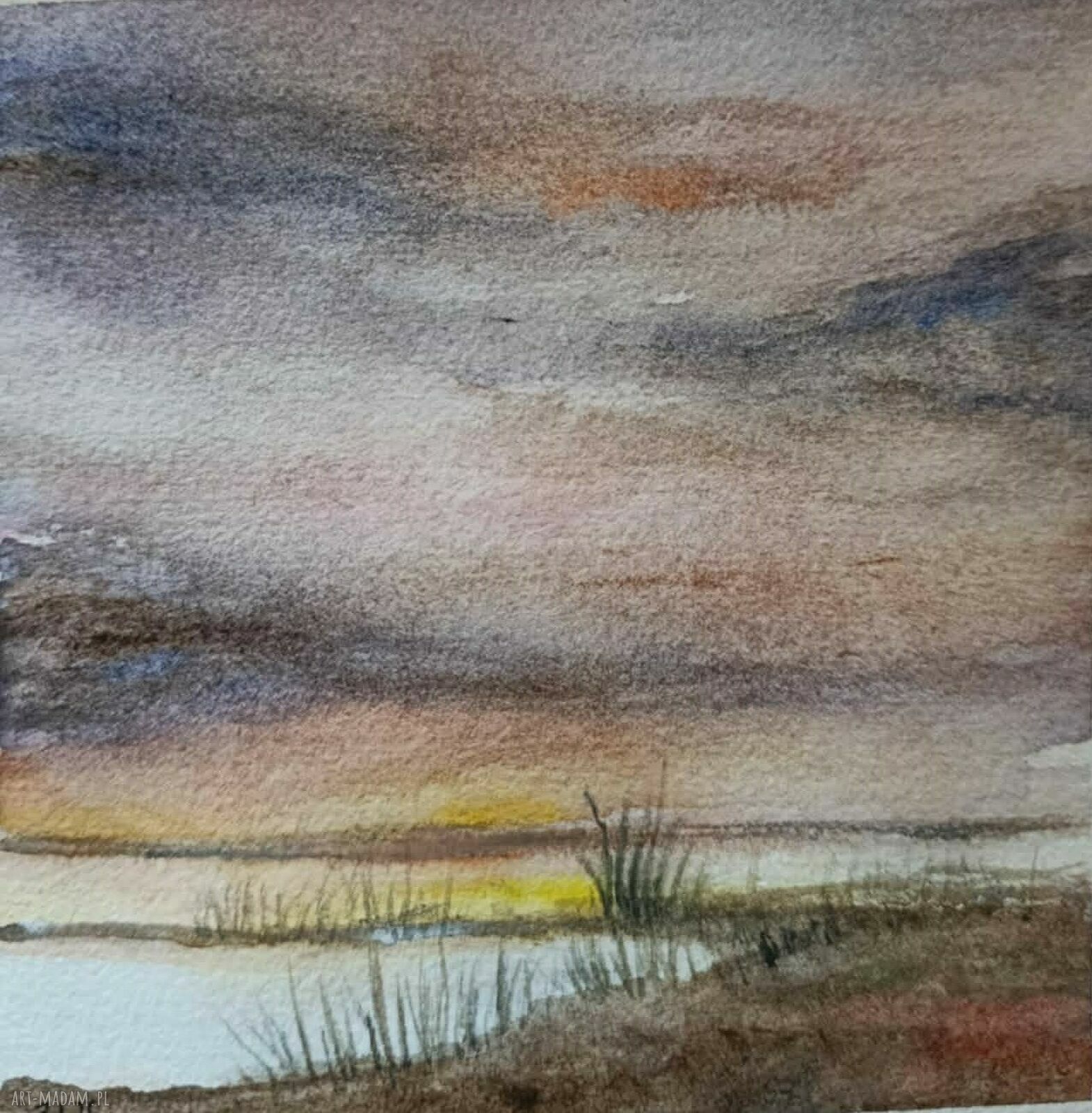 Pejzaż - oryginalna, sygnowana akwarela 15 x 15 cm