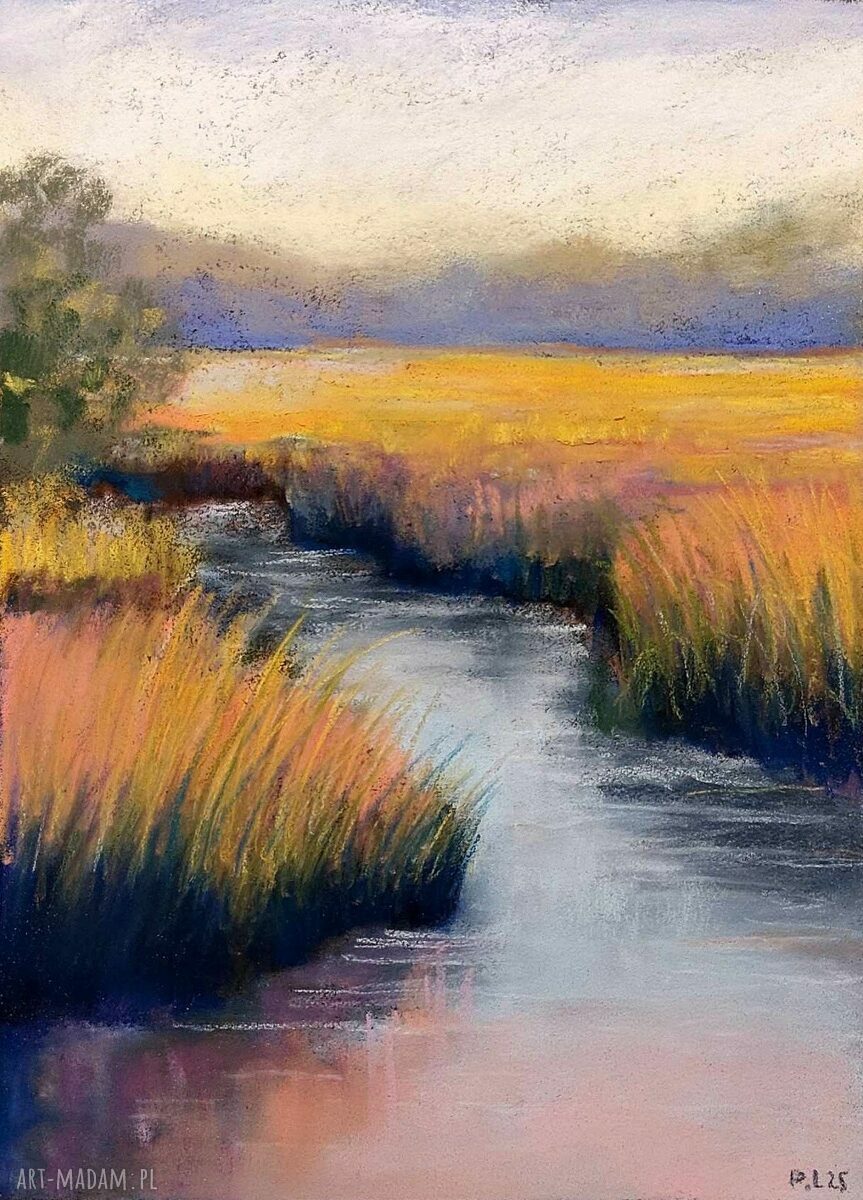 Pejzaż pastelami suchymi na papierze pastelmat 24 x 18 cm - ciepłe żółcie, róż i zieleń
