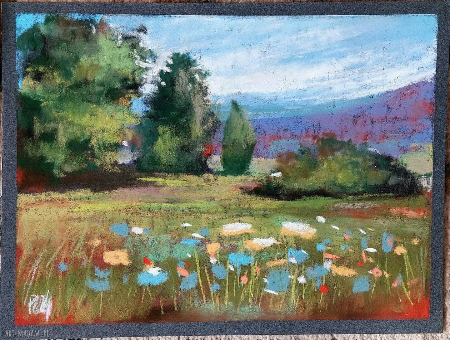 Pejzaż w pastelach suchych 18x24 cm - ręcznie wykonany kredkami
