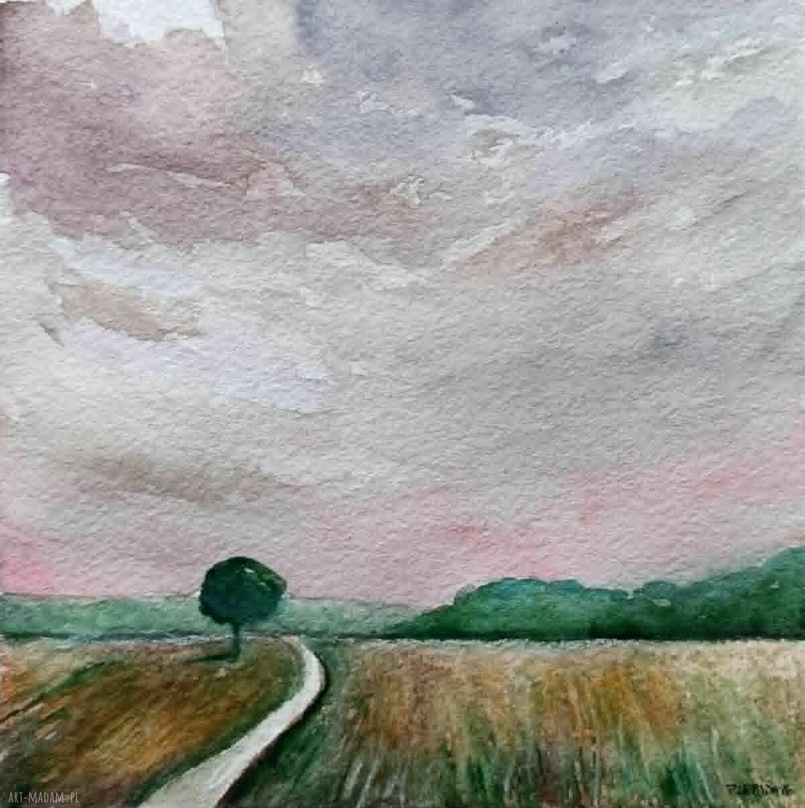 Oryginalny pejzaż - akwarela 20x20 cm w kwadracie (sygnowana)
