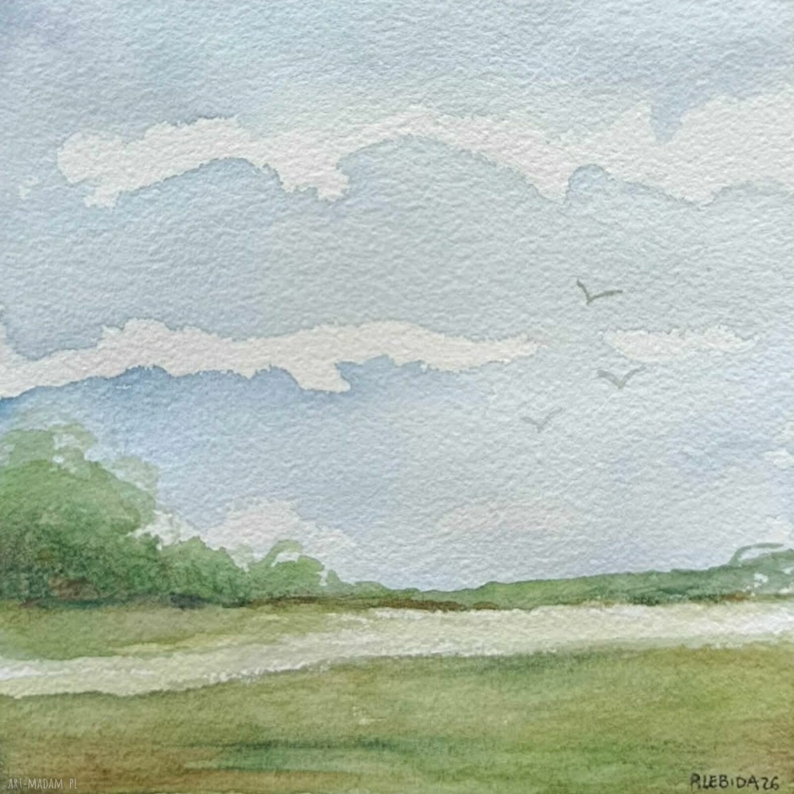 Pejzaż 15x15 cm - kwadratowa akwarela Rembrandt, sygnowana (bez ramy)