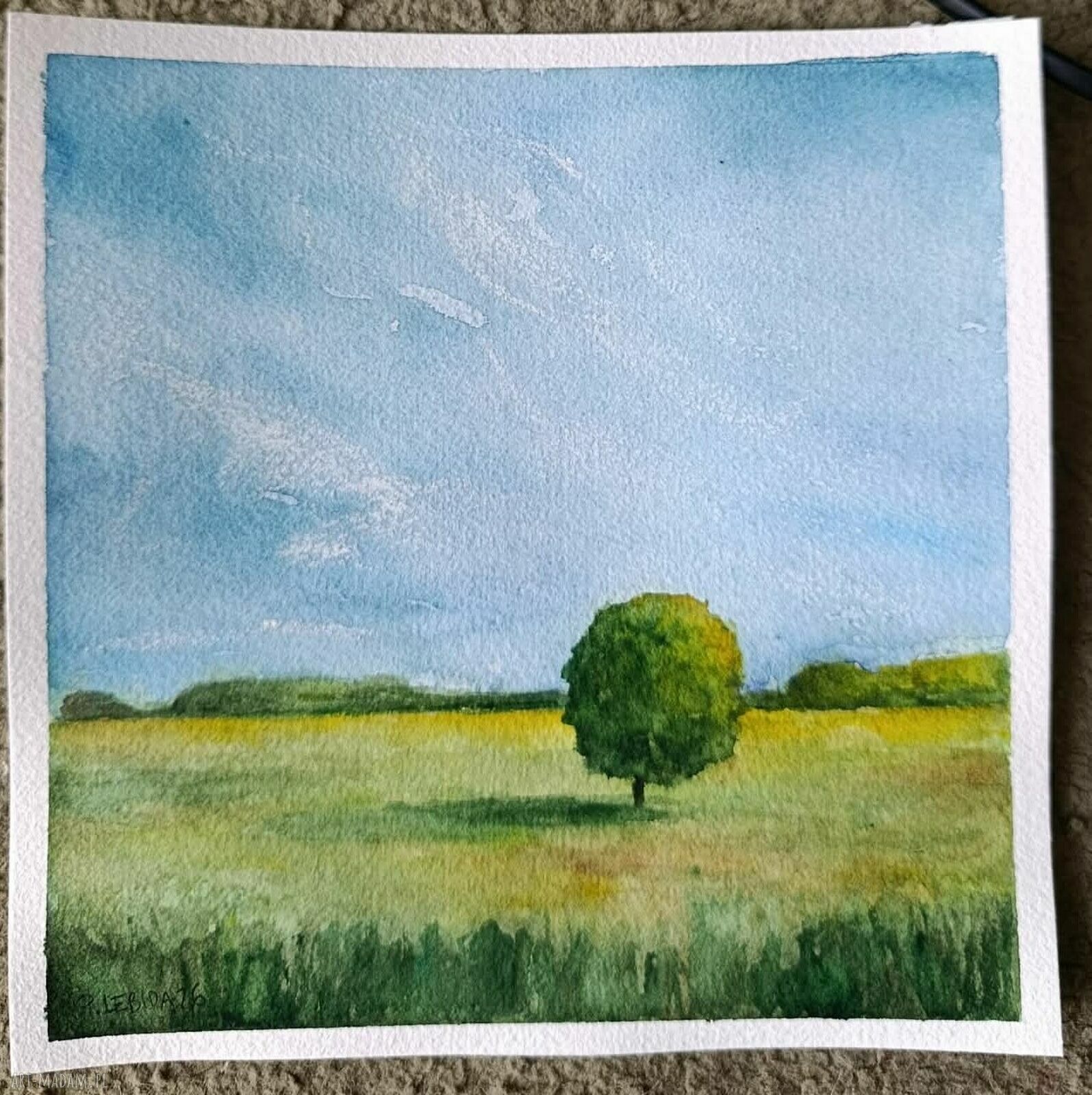 Pejzaż - akwarela 20x20 cm (kwadrat), sygnowana - bez ramy