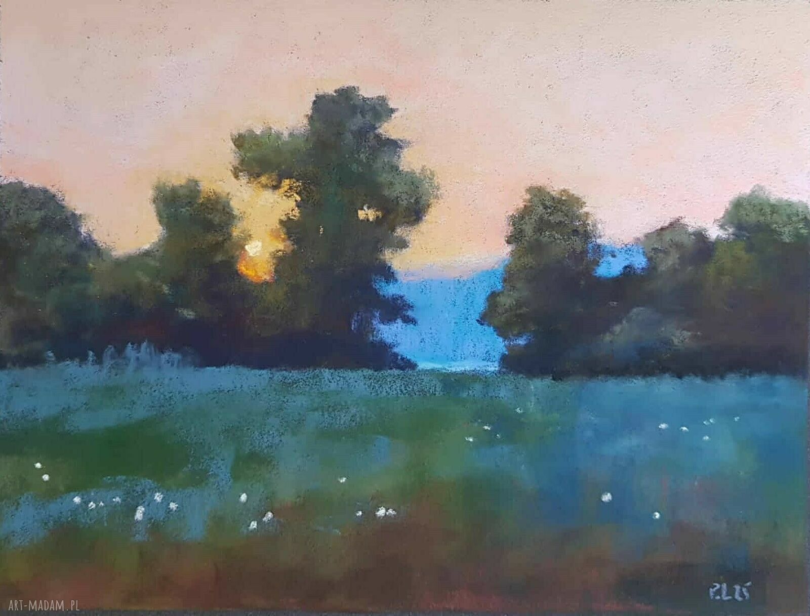 Pejzaż z pasteli suchych 18x24 cm - subtelna dekoracja od Pauliny Lebidy