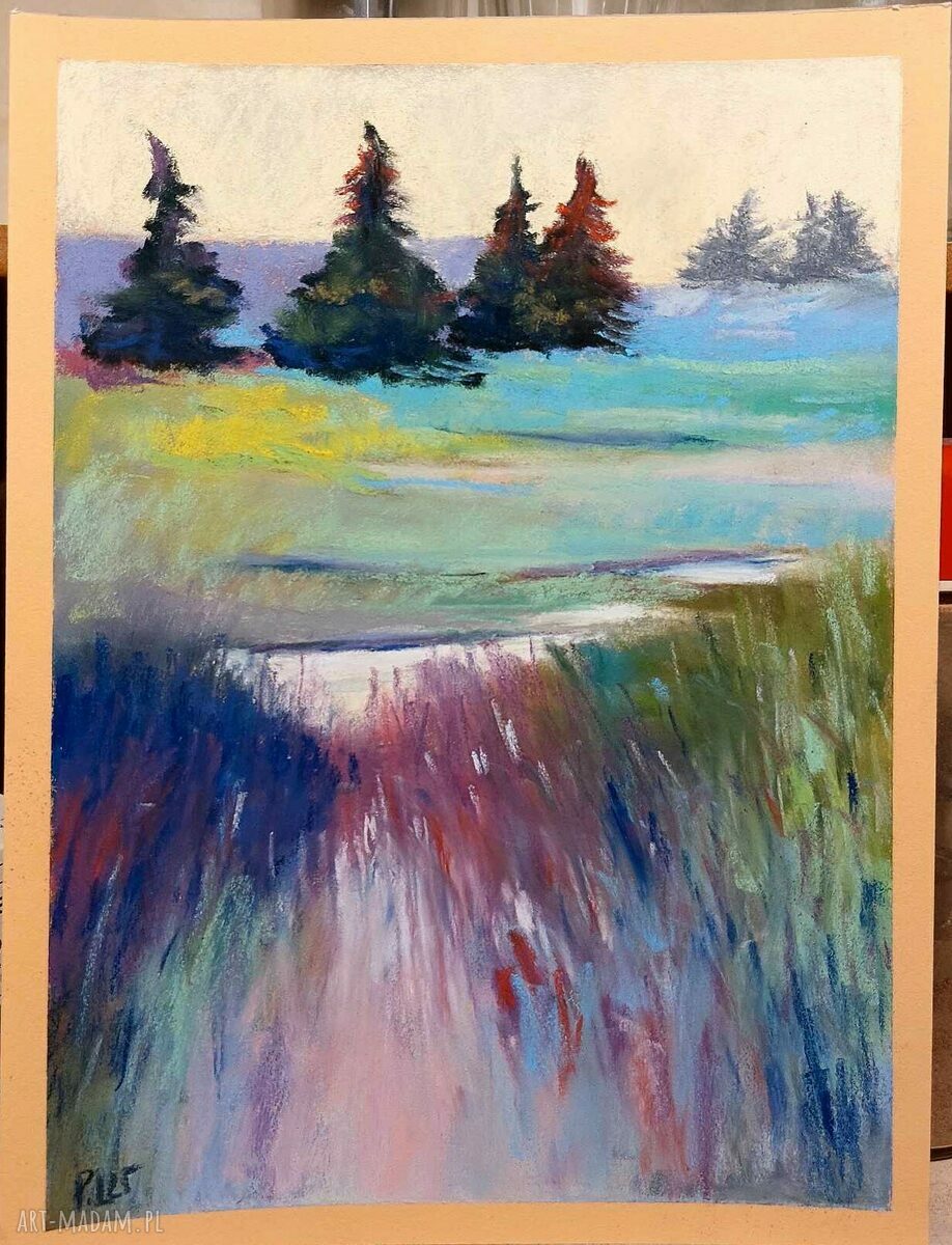 Pejzaż w pastelach - praca 24x18 cm (turkus, róż i błękit)