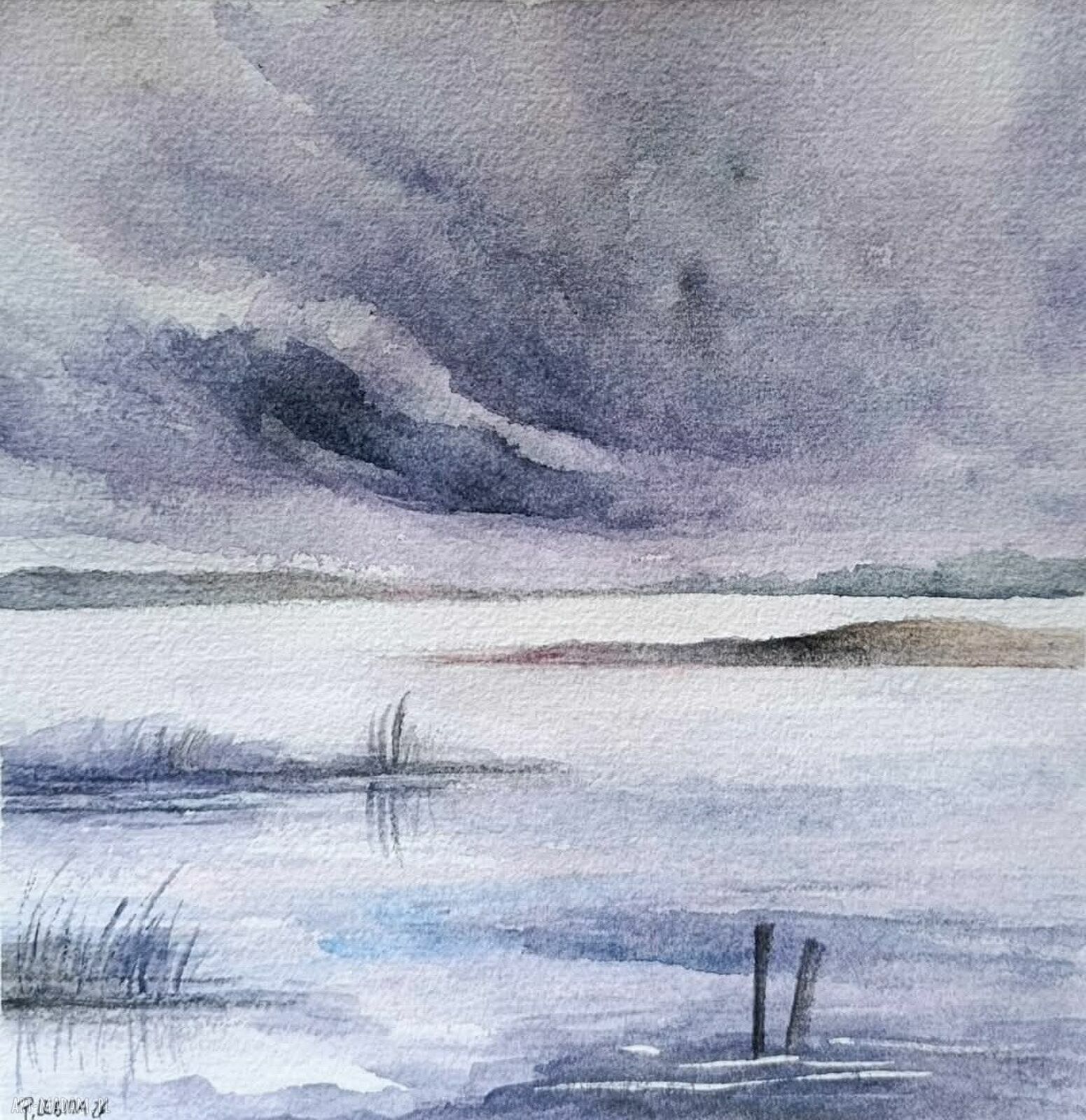 Ręcznie malowany pejzaż akwarelowy 20x20 cm