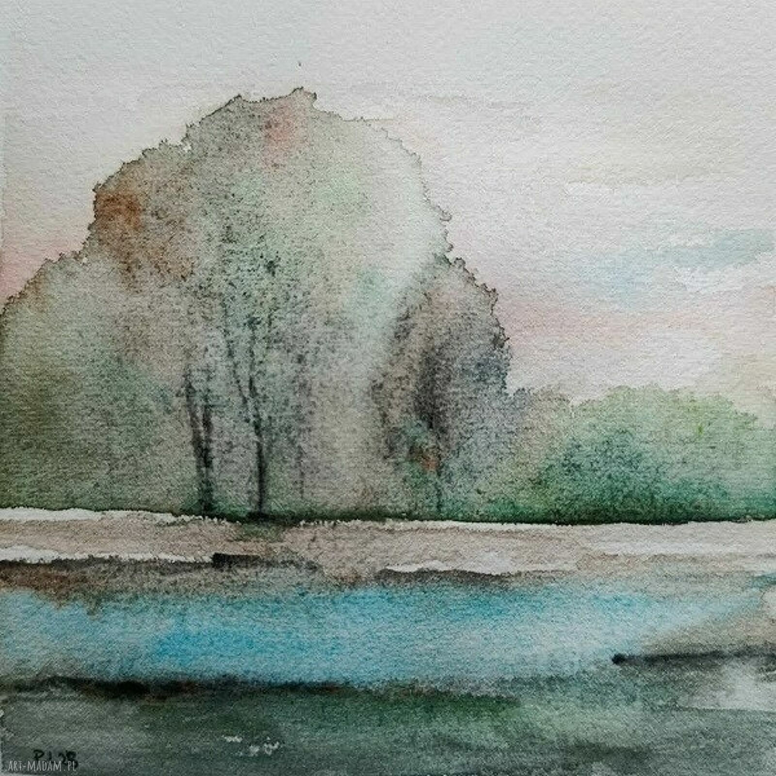 Pejzaż - ręcznie malowana akwarela 15x15 cm