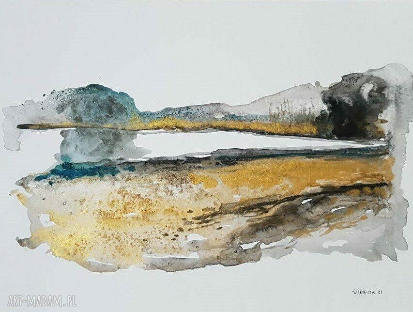 Pejzaż czarny i złoty tusz - ręcznie wykonany obraz 32x24 cm