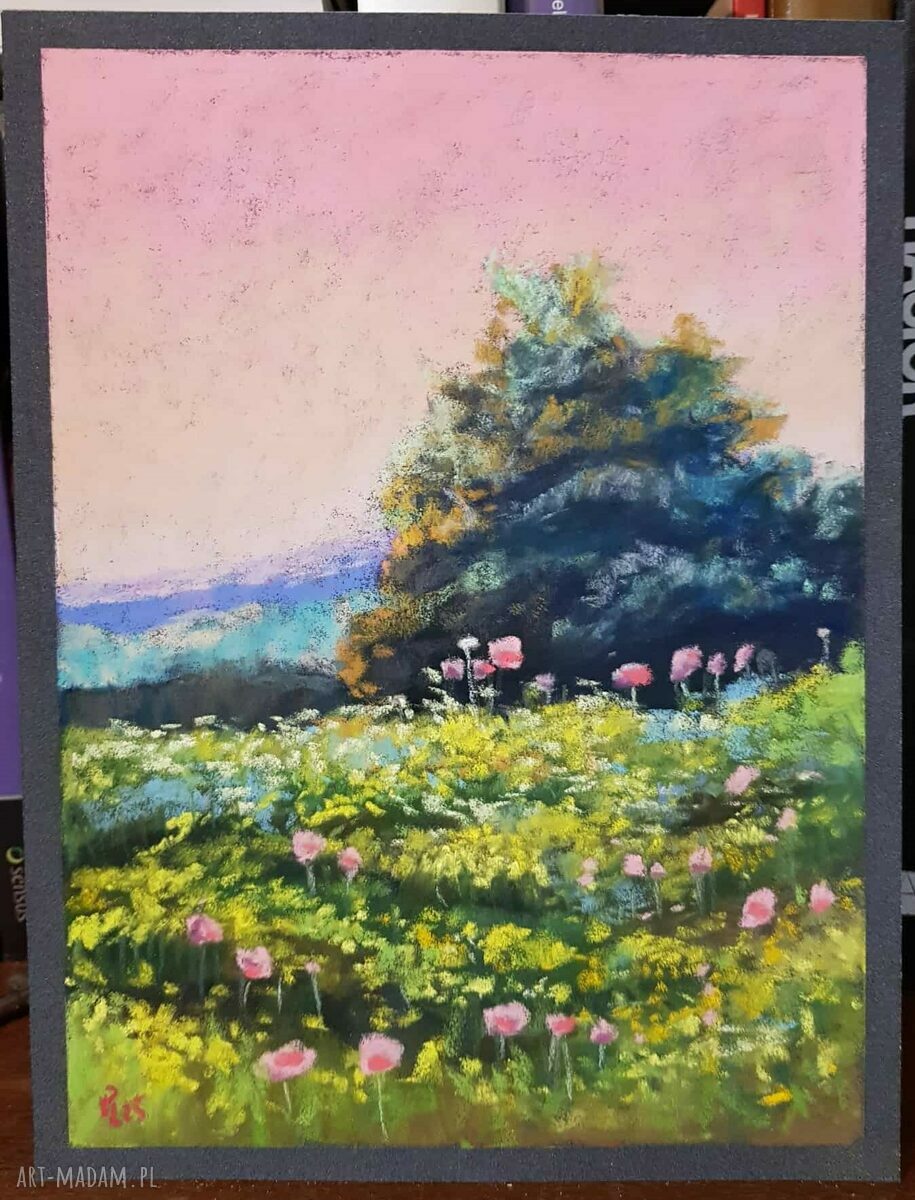Pejzaż 24x18 cm w pastelach suchych - ręcznie rysowany rysunek