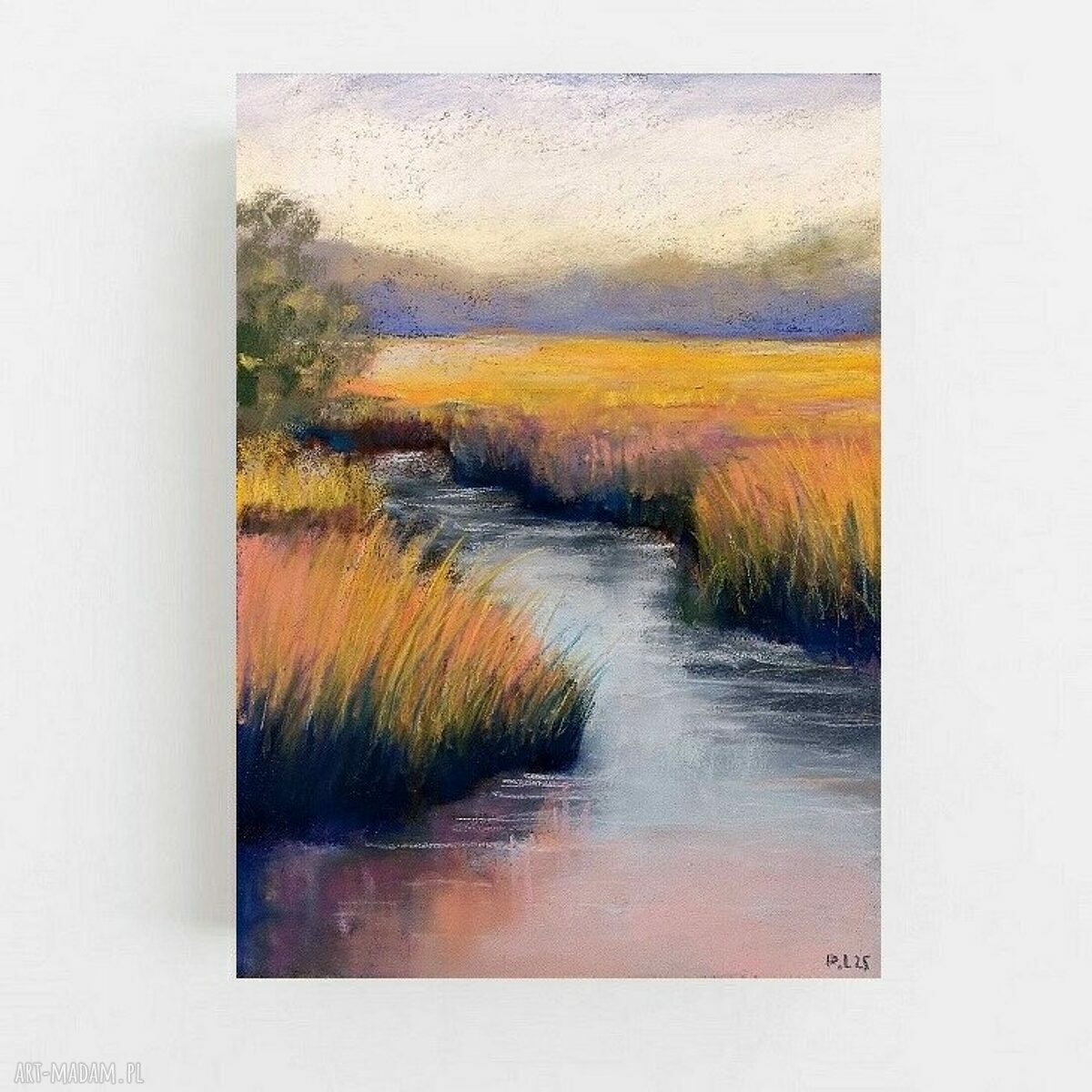 Pejzaż pastelami suchymi na papierze pastelmat 24 x 18 cm - ciepłe żółcie, róż i zieleń