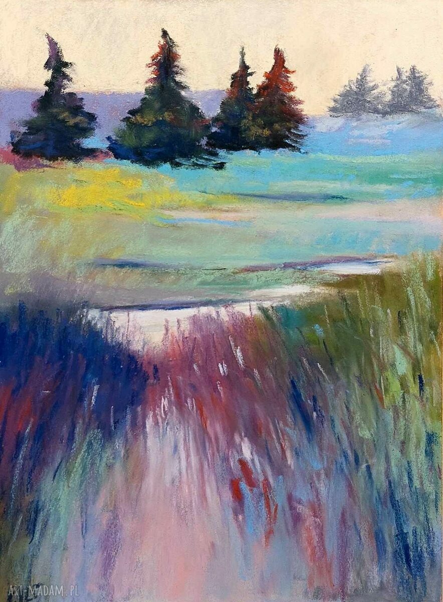 Pejzaż w pastelach - praca 24x18 cm (turkus, róż i błękit)
