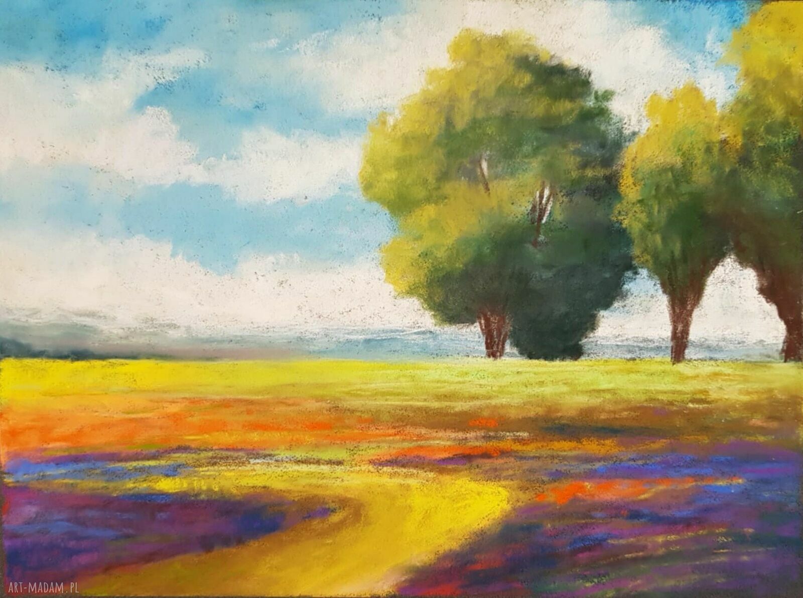 Pejzaż w pastelach suchych - drzewa, format 18x24 cm