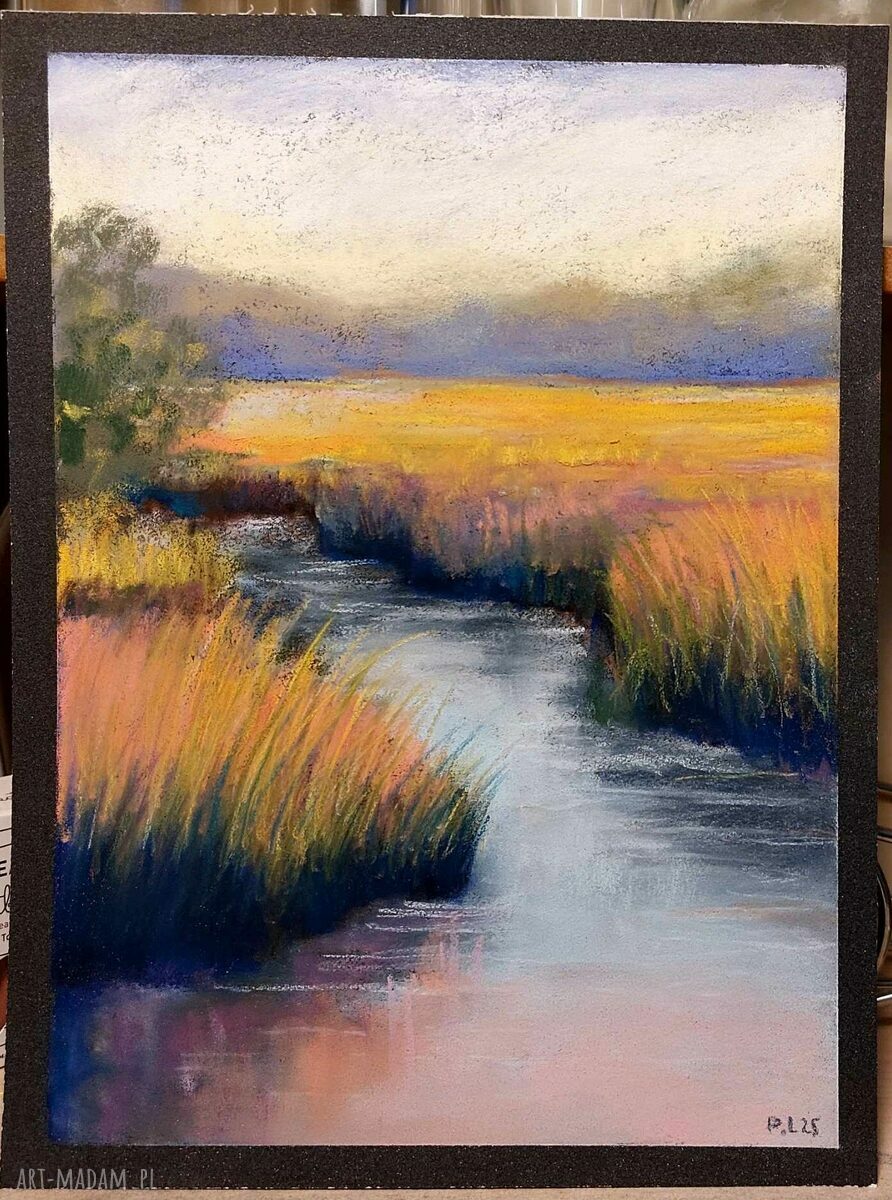 Pejzaż pastelami suchymi na papierze pastelmat 24 x 18 cm - ciepłe żółcie, róż i zieleń