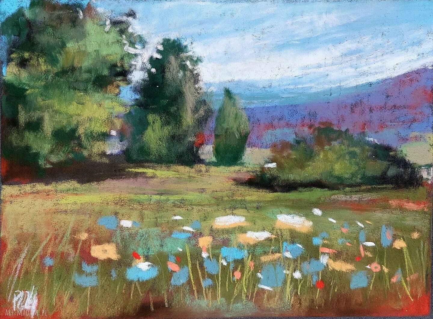Pejzaż w pastelach suchych 18x24 cm - ręcznie wykonany kredkami