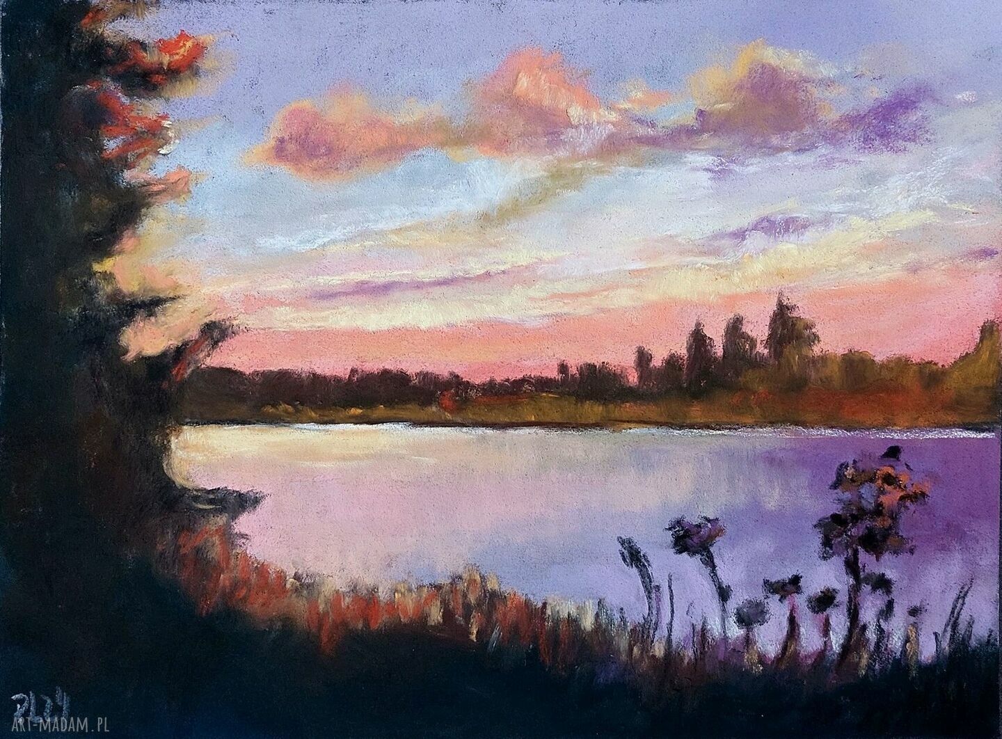 Pejzaż z pastelami suchymi 18x24 cm - fioletowy klimat