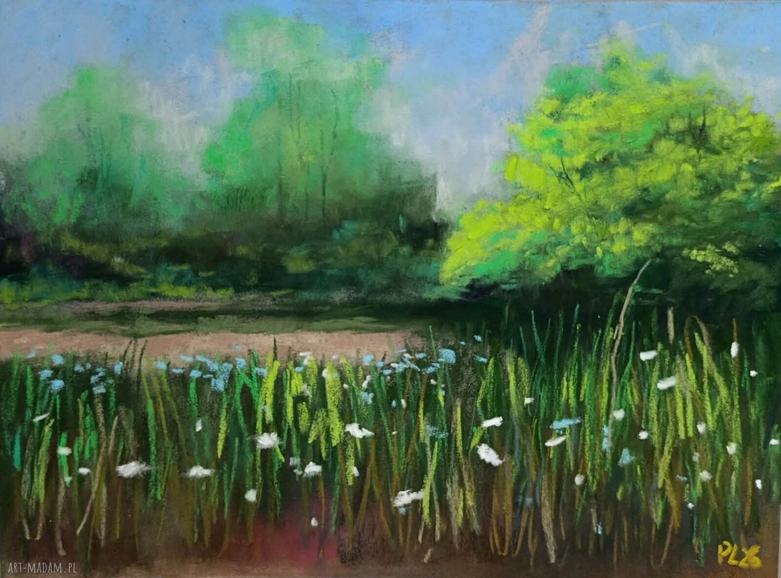 Pejzaż 18x24 cm - pastele suche z drzewami i łąką