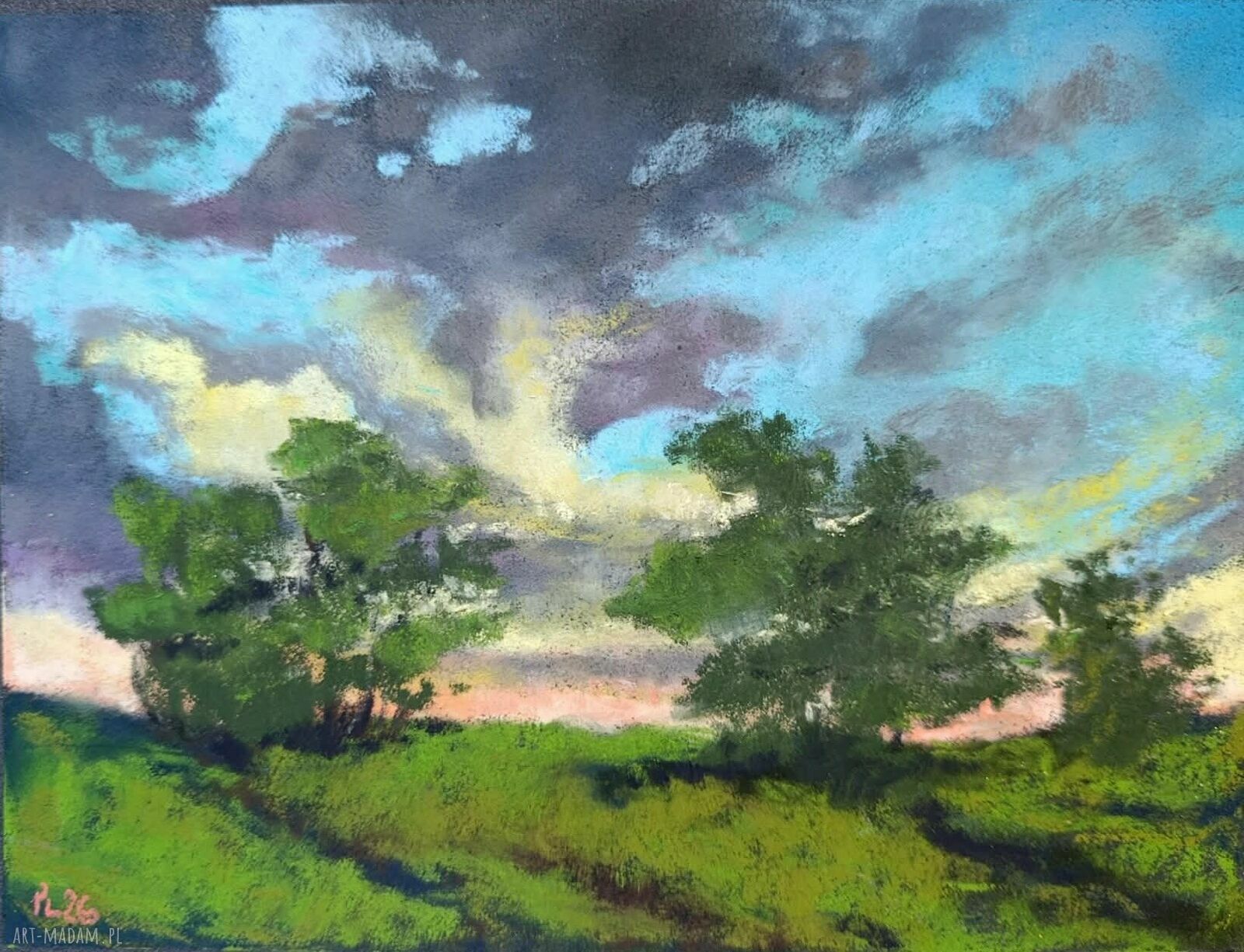 Pejzaż w pastelach suchych 18 x 24 cm - ręcznie wykonana praca na prezent