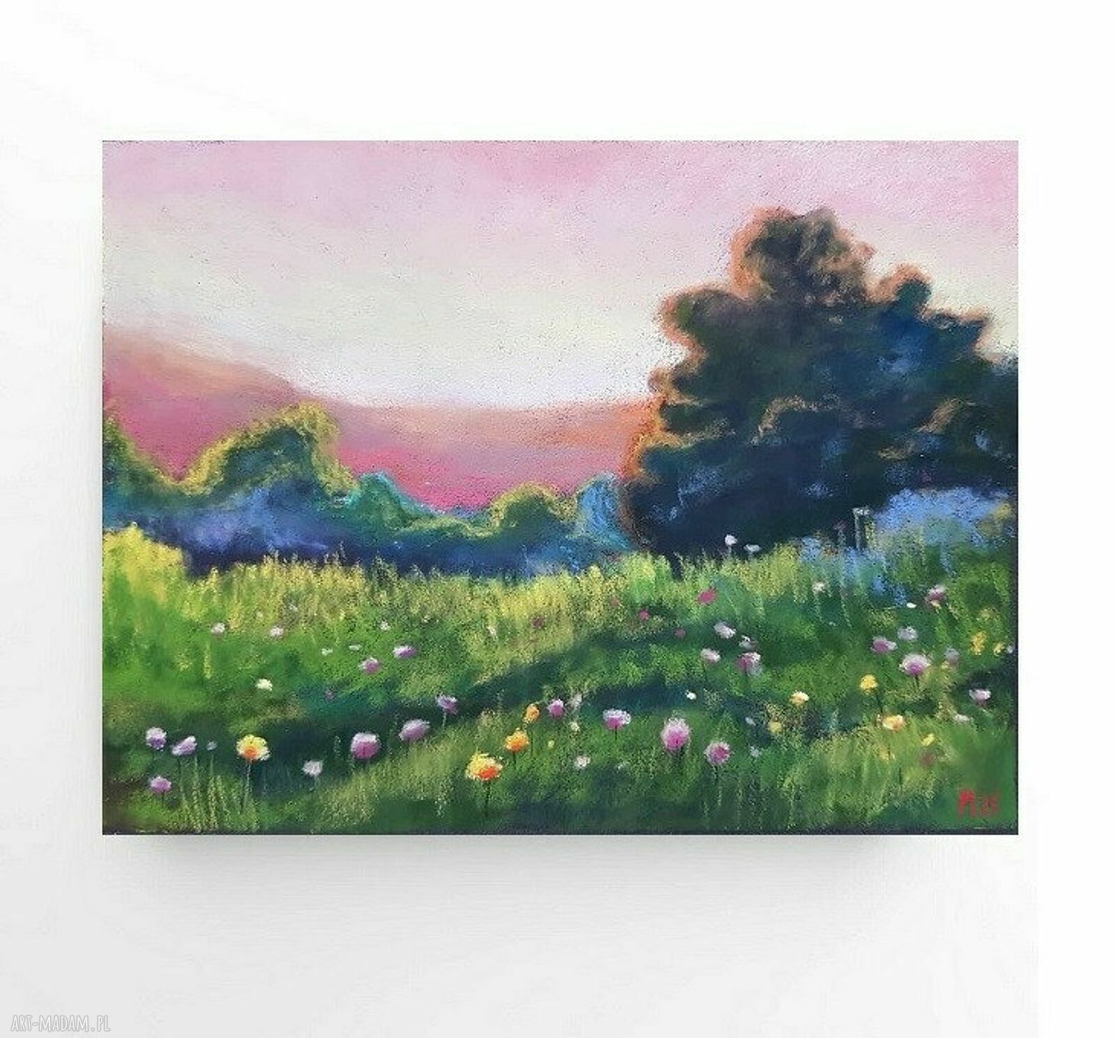 Pejzaż w pastelach suchych - ręcznie wykonany obraz 18 x 24 cm, bez ramy