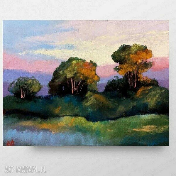 Pejzaż w pastelach suchych 18x24 cm - zielone, żółte i brązowe tony