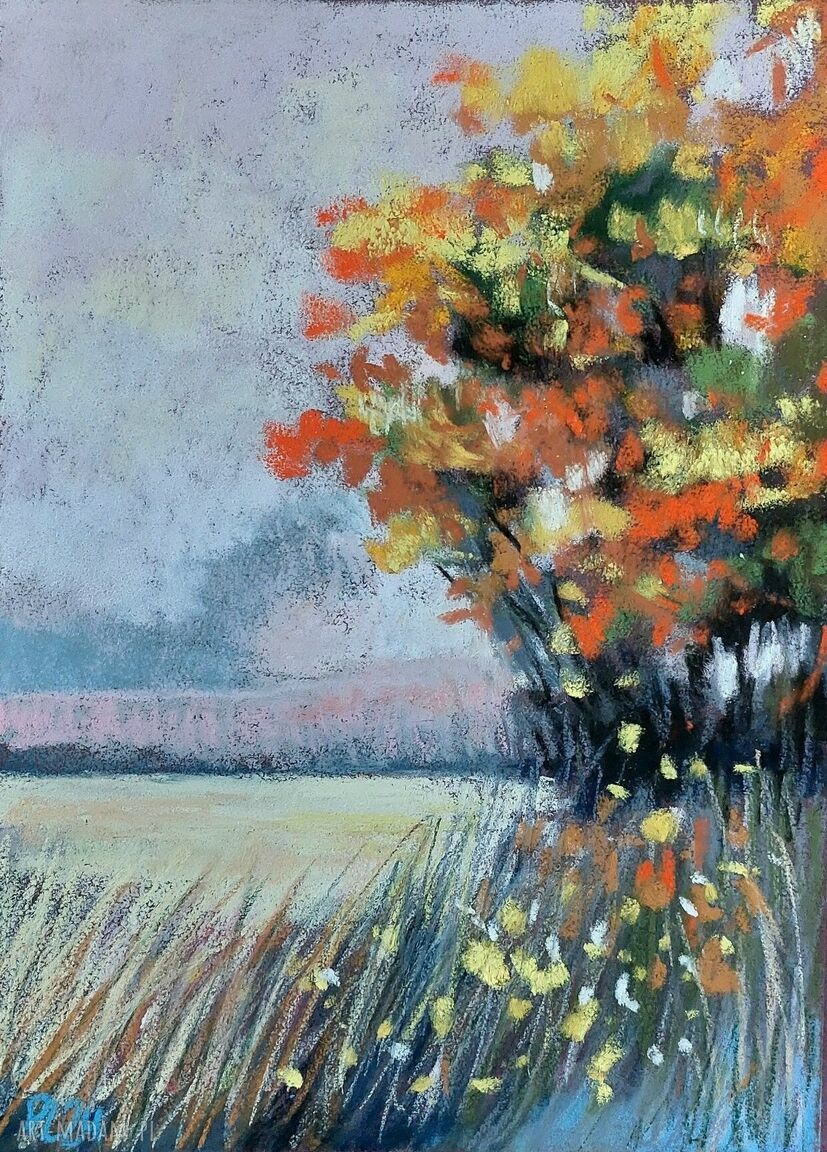 Pejzaż w suchych pastelach 18/24 cm - ręcznie rysowany krajobraz