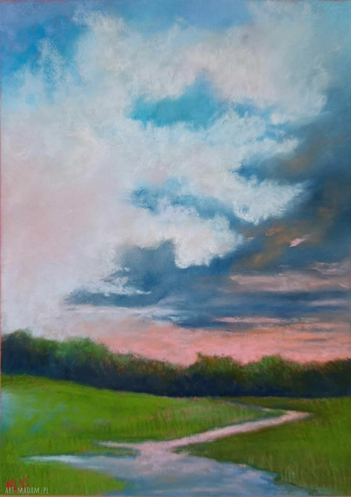 Pejzaż w pastelach suchych 24x18 cm - ręcznie wykonany obraz Pauliny Lebidy
