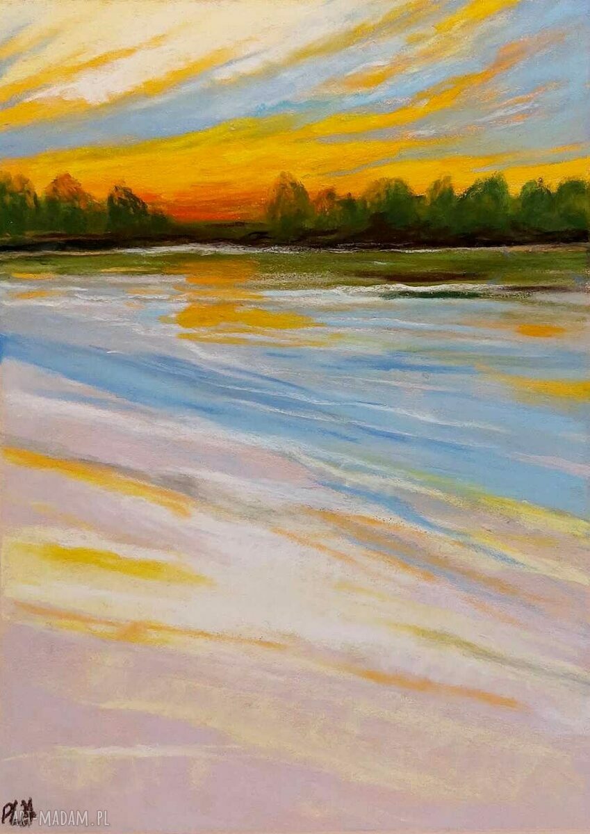 Pejzaż w odcieniach żółci, zieleni i błękitu - obraz 24x18 cm z suchych pasteli