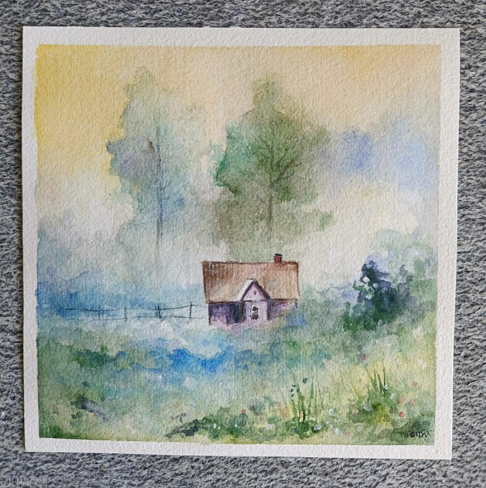 Pejzaż - oryginalna akwarela 20x20 z drzewami (sygnowana)